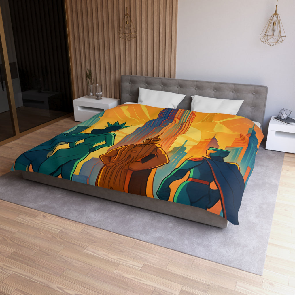 Super-héros courageux contemplant une ville moderne au lever du soleil urbain majestueux