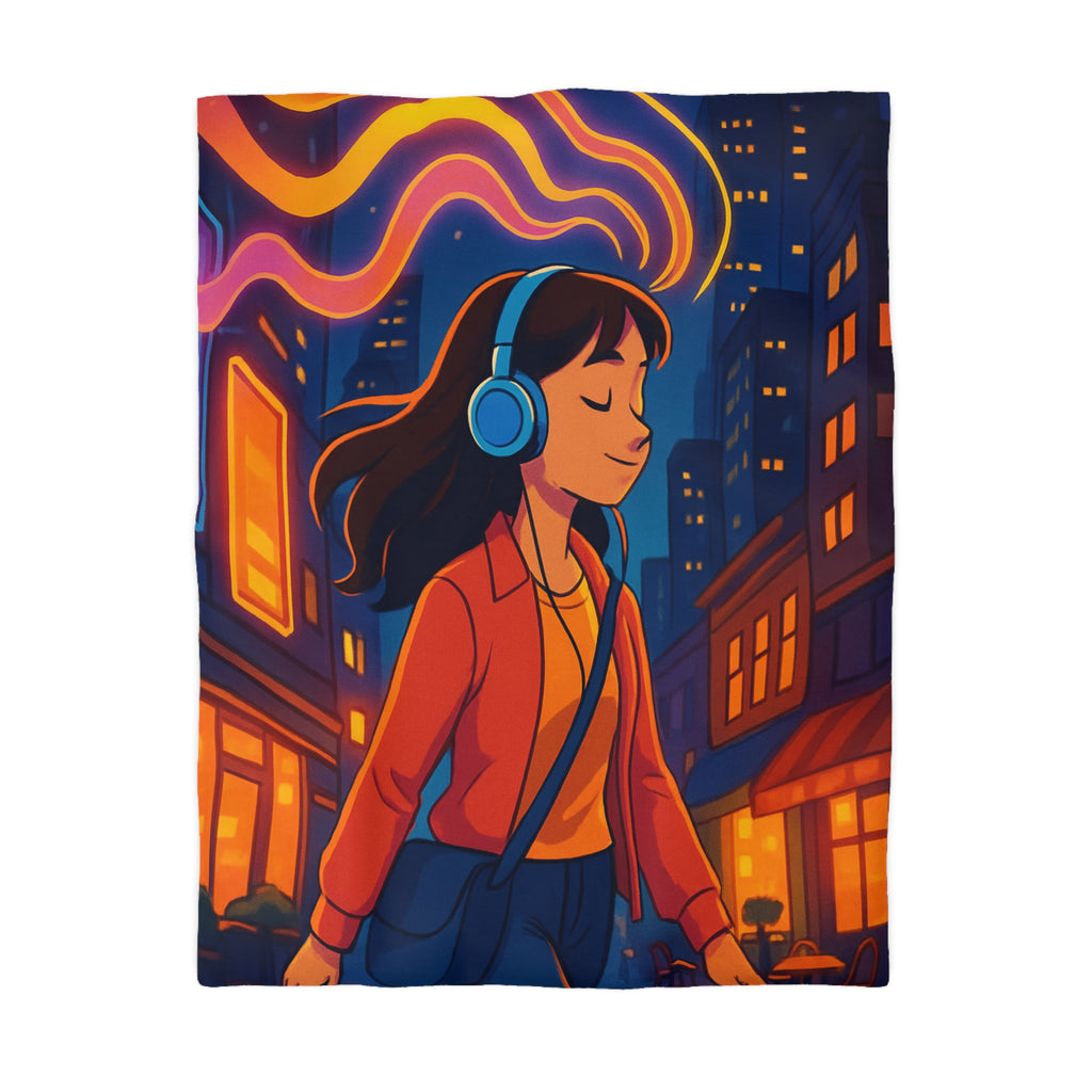 Housse de couette urbaine avec illustration vibrante de nuit et ambiance musicale