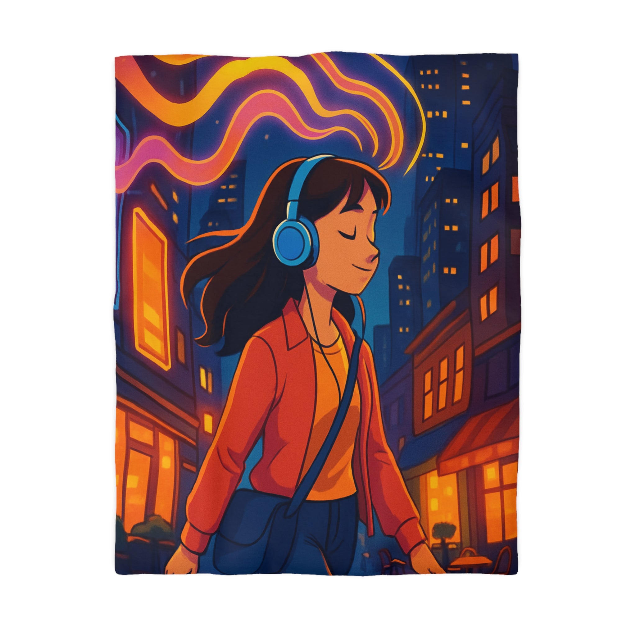 Housse de couette urbaine avec illustration vibrante de nuit et ambiance musicale