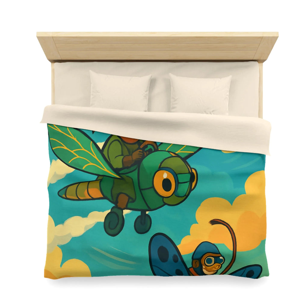 Housse de couette avec motif ludique d'avions insectes sur fond de ciel coloré