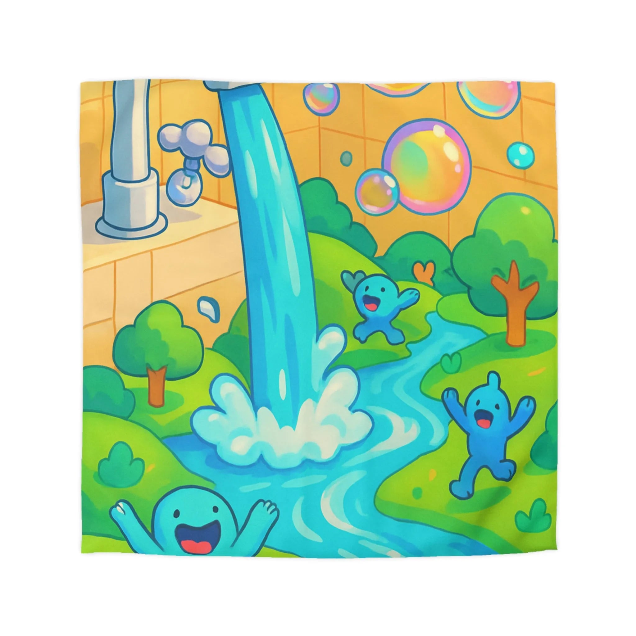 Housse de couette joyeuse avec créatures bleues, bulles et arc-en-ciel coloré