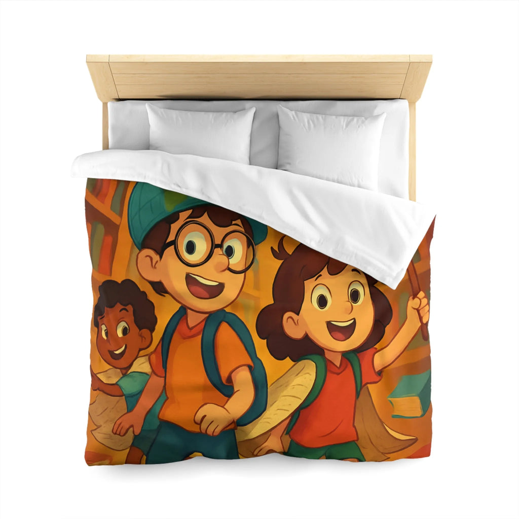 Housse de couette magique avec enfants explorant une bibliothèque enchantée et livres volants