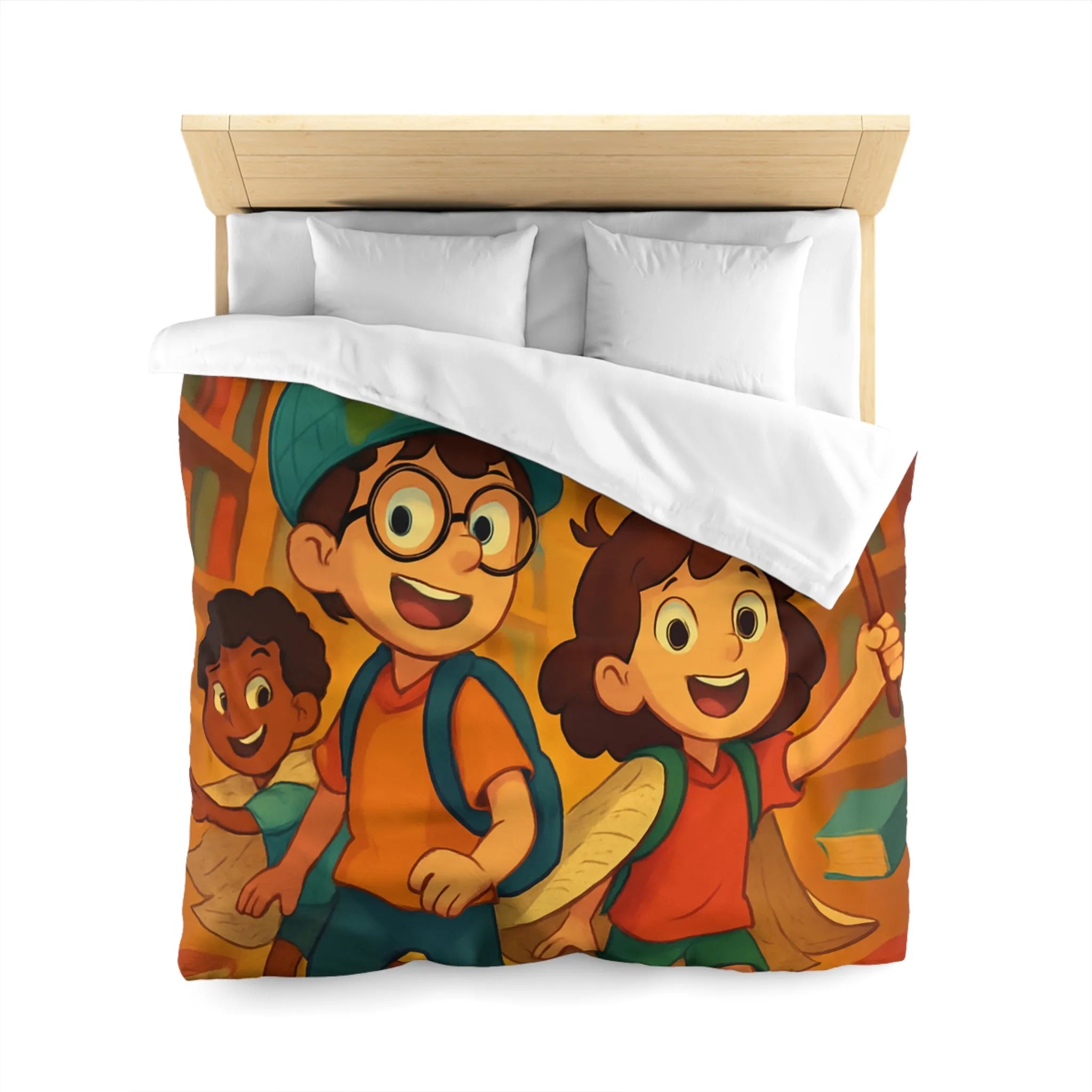 Housse de couette magique avec enfants explorant une bibliothèque enchantée et livres volants