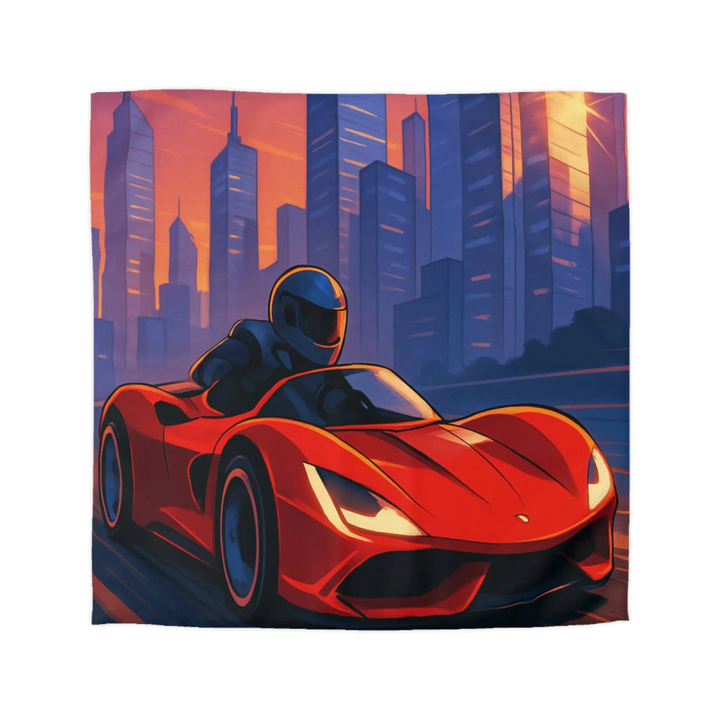 Housse de couette illustrée voiture de sport rouge dans paysage urbain futuriste au crépuscule