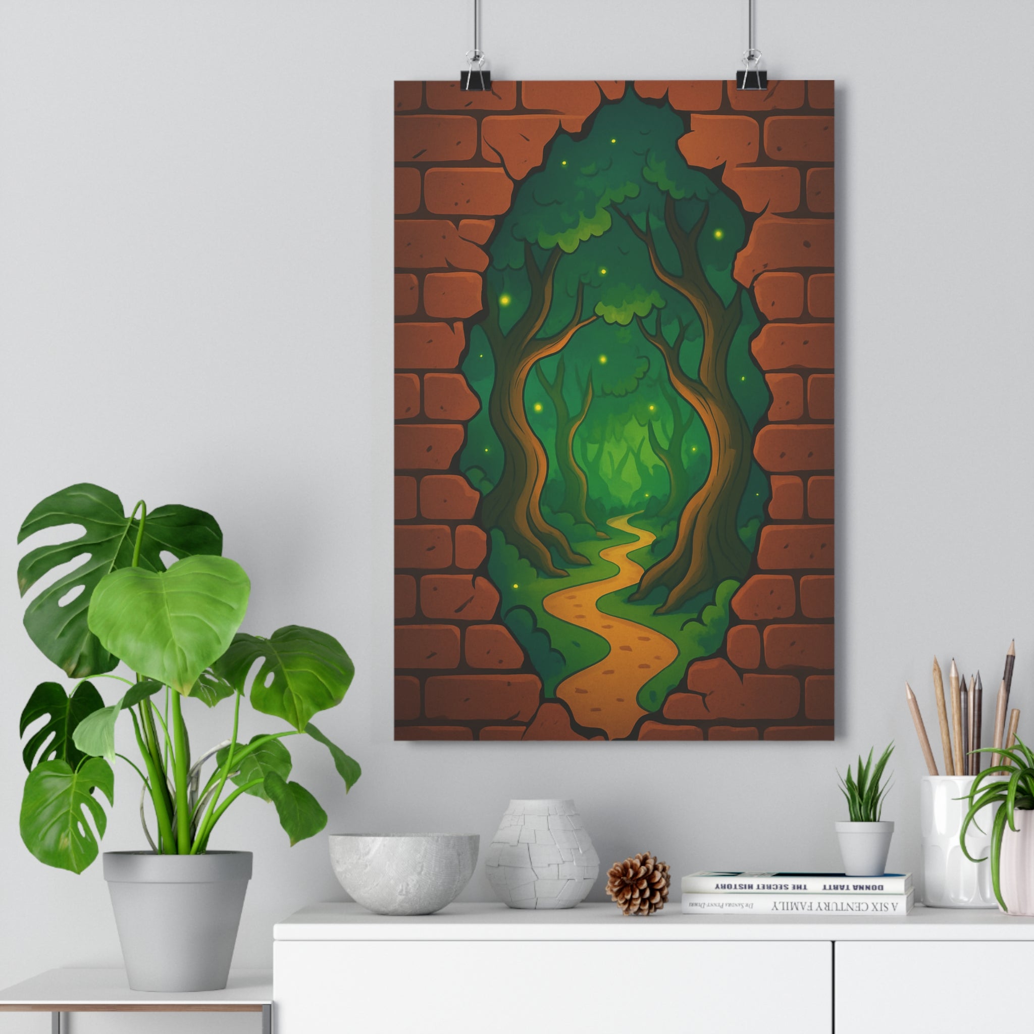 Poster décoratif cartoon magique forêt enchantée mystique vert jaune salon chambre murale fantasy qualité