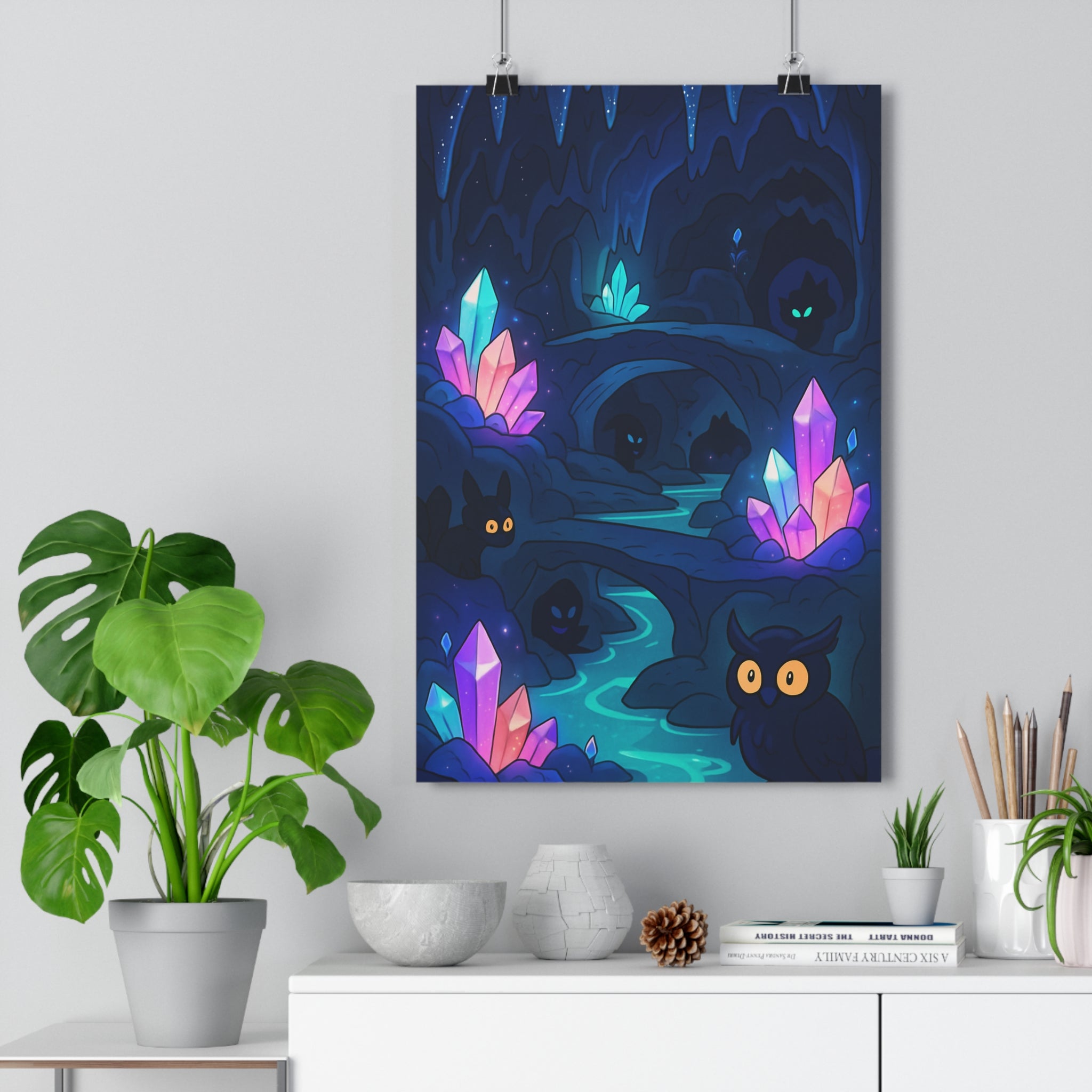 Poster décoratif fantastique violet turquoise caverne mystique dessin animé chambre murale créatif mystérieux créatures