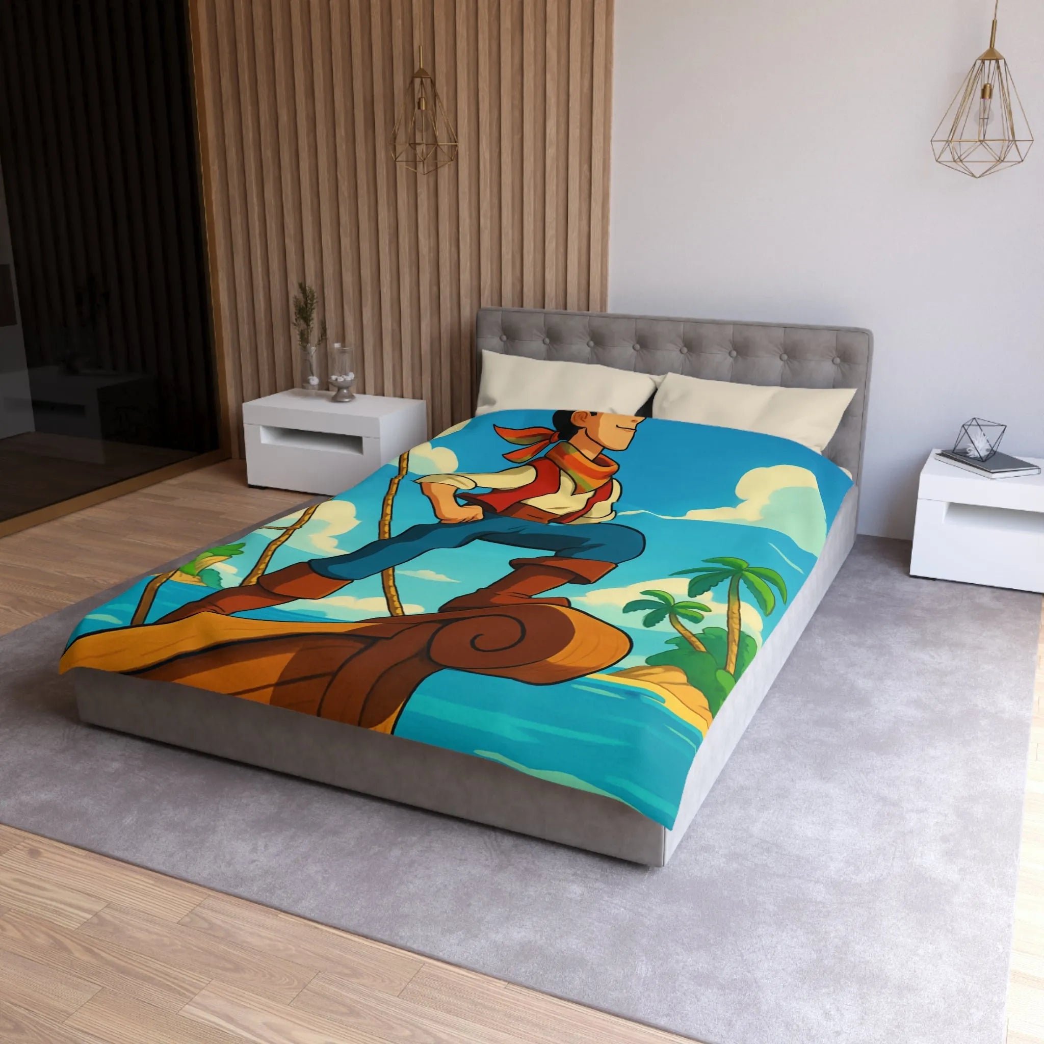 Housse de couette avec illustration de marin aventurier naviguant parmi palmiers et mer azur