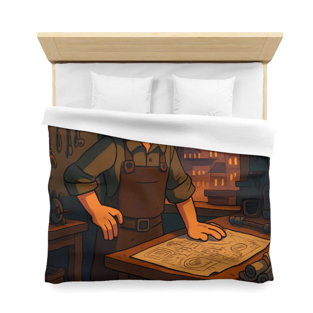 Housse de couette enfant avec illustration atelier rétro et robots amusants pour inventeur