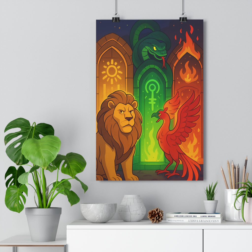 Poster décoratif créatures mythologiques jaune vert rouge cartoon fantastique magique chambre bureau 30x46 cm