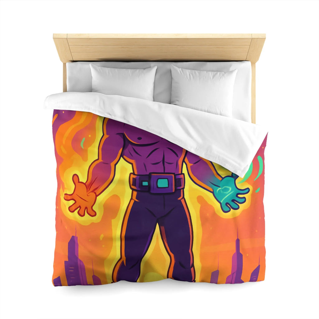 Housse de couette avec héros des éléments enflammés et lumineux sur fond de ville