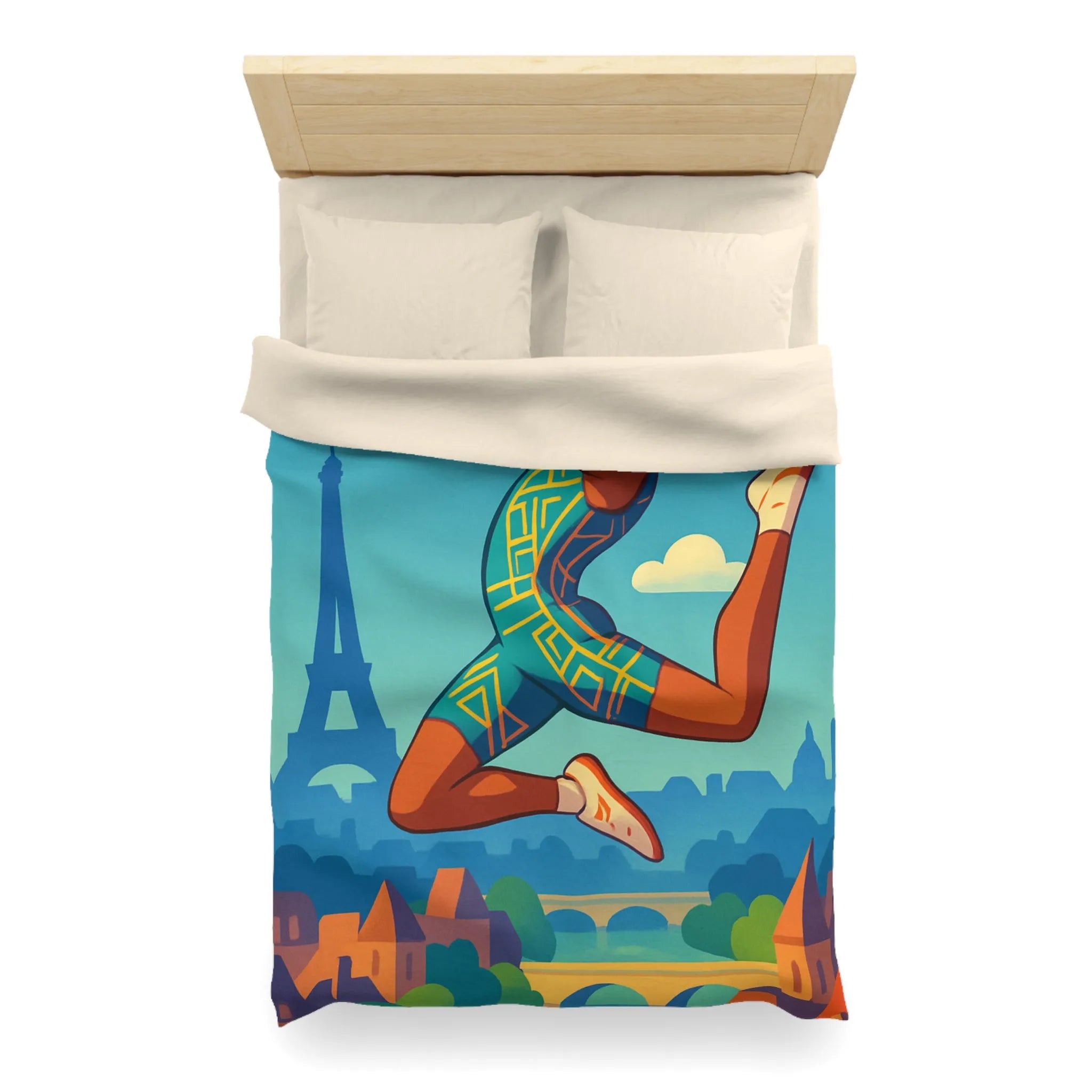 Housse de couette athlète sautant en ville avec ciel bleu et monuments célèbres