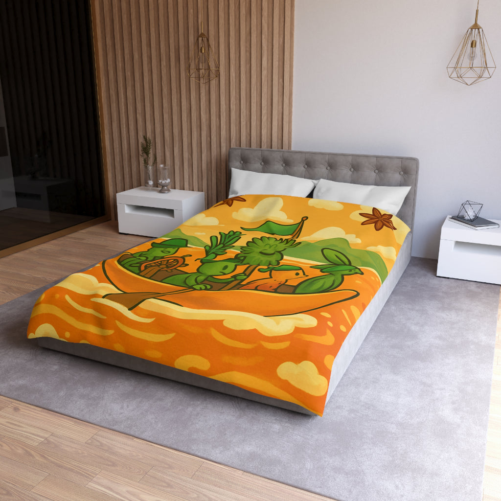 Housse de couette originale avec personnages verts naviguant sur mer orangée ludique