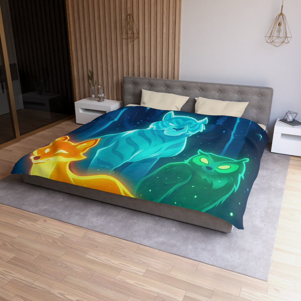 Mystérieuse housse de couette avec renard orange, tigre bleu, et hibou lumineux