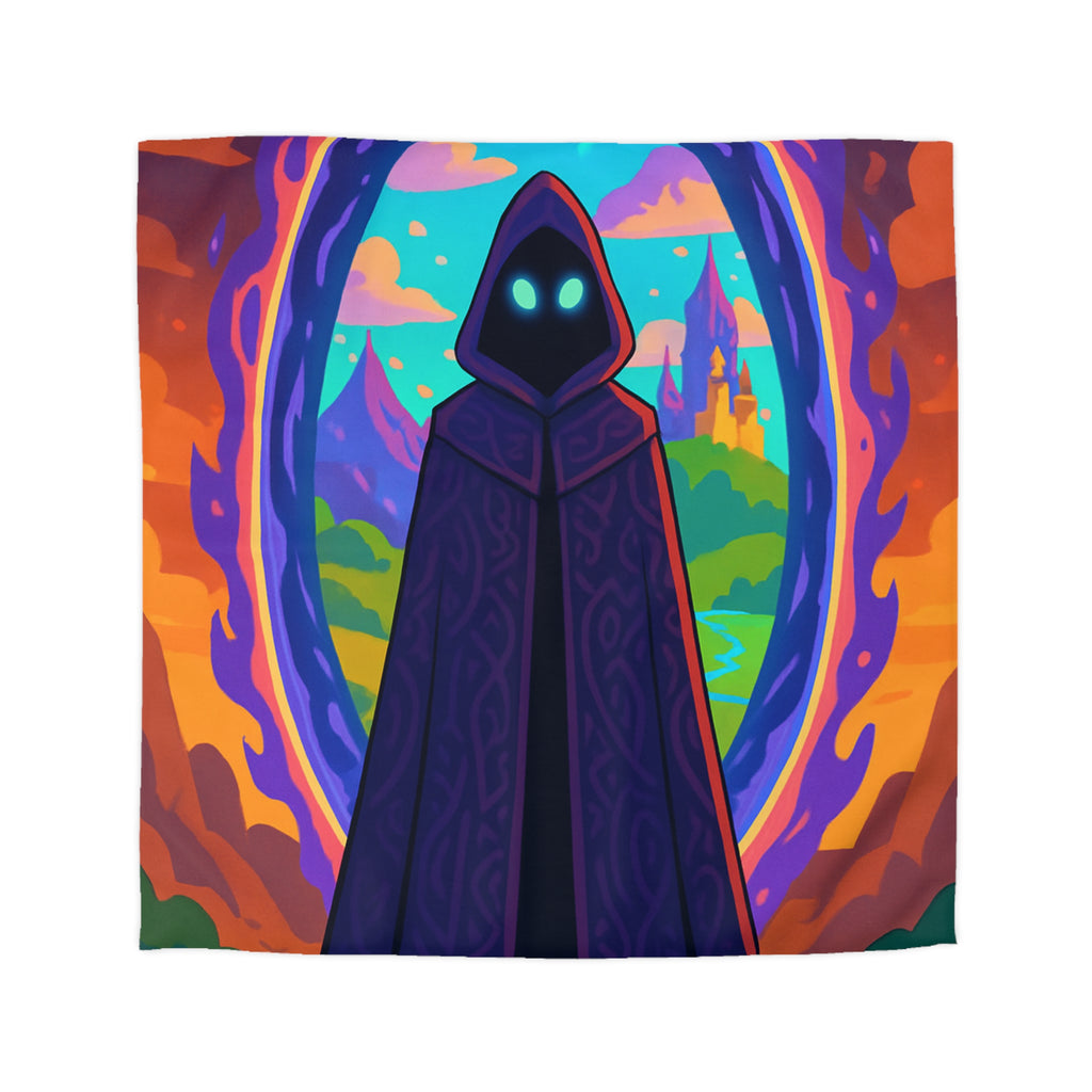 Mystérieux paysage enchanté avec mage en robe près du portail vibrant coloré