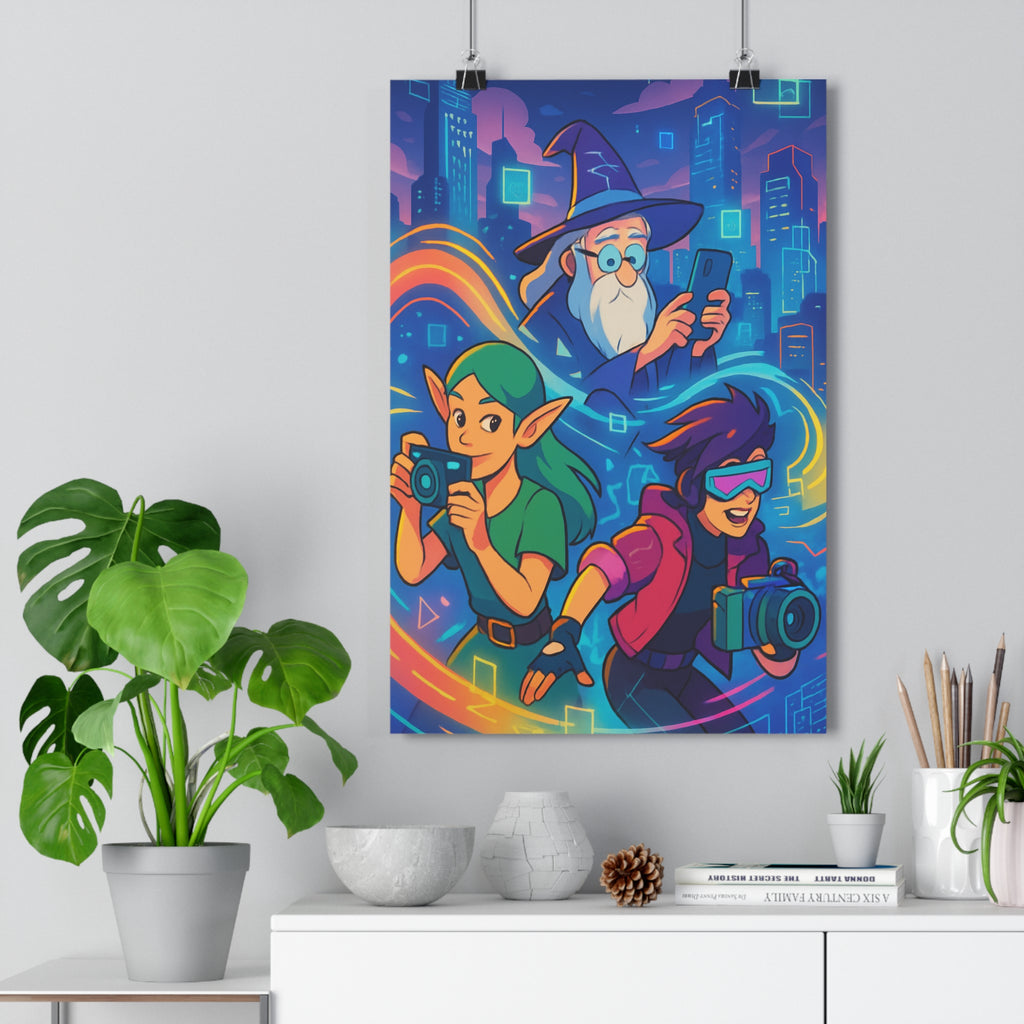 Poster décoratif vibrant numérique sorcier elfe futuriste chambre bleu violet orange dynamique créativité qualité