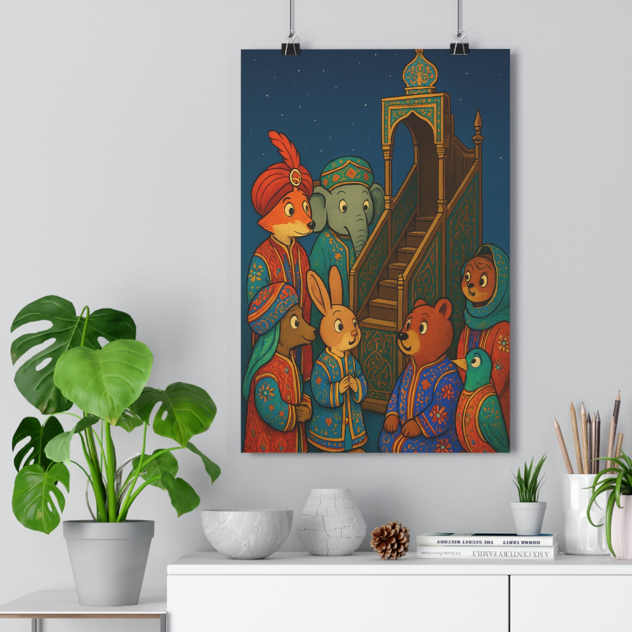 Poster décoratif animaux colorés vibrant joyeux bleu rouge or cartoon chambre salon enfant qualité