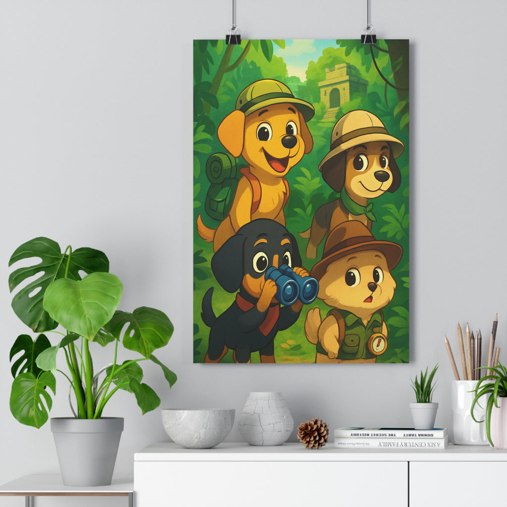 Poster décoratif cartoon jungle aventure enfant chiot courageux vert jaune exploration mur chambre qualité