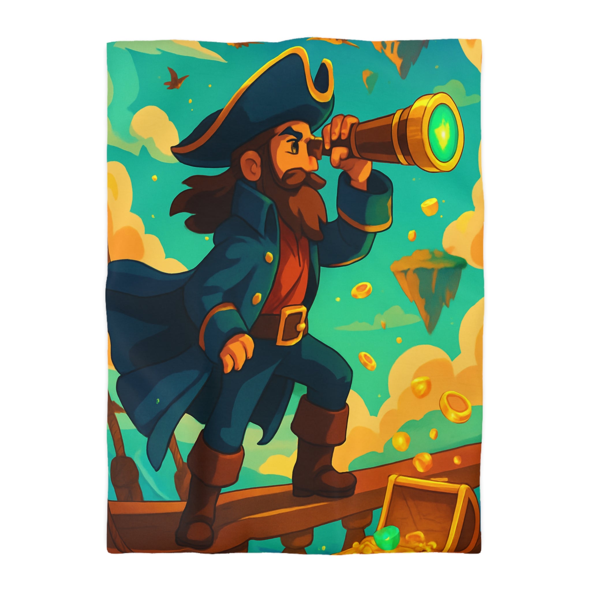 Housse de couette pirate vibrant bleu avec trésor doré et nuages flottants