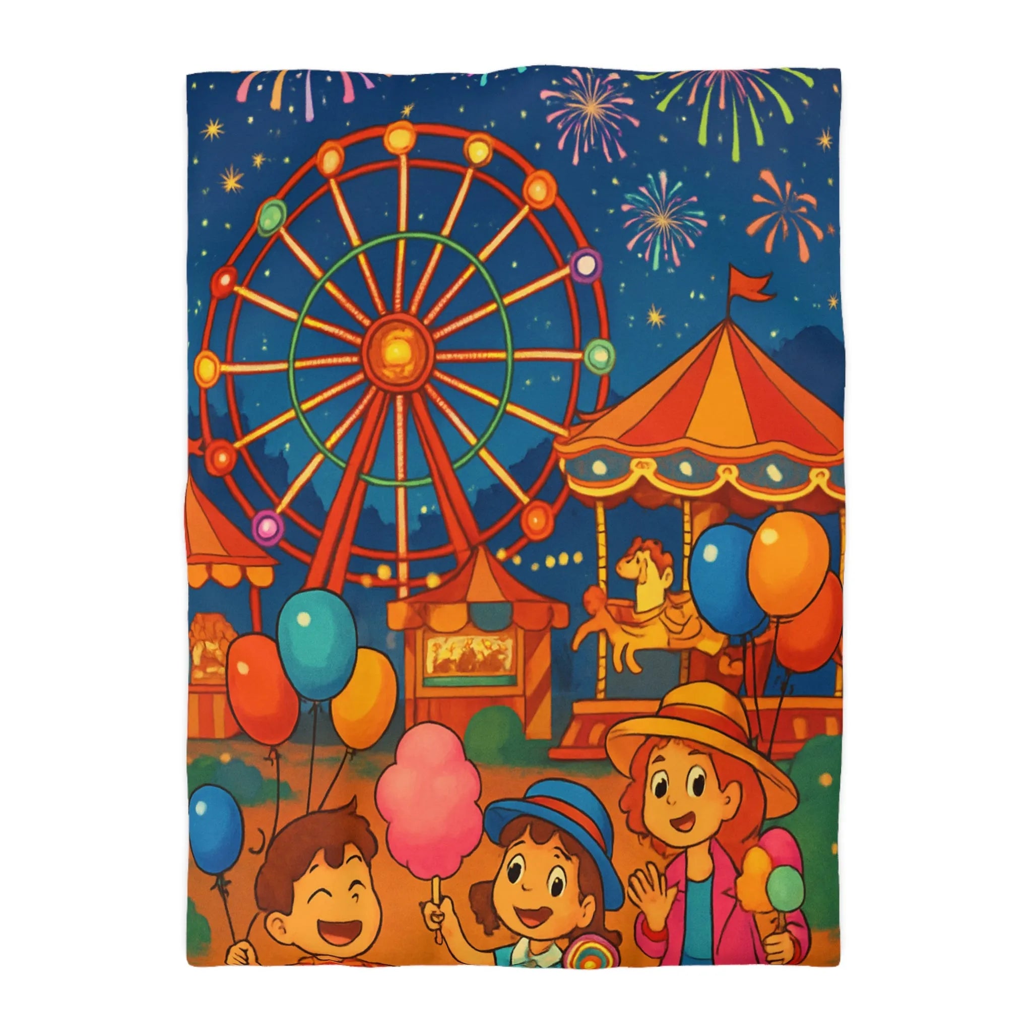 Housse de Couette Enfantine avec Grande Roue, Enfants et Feux d’Artifice Colorés