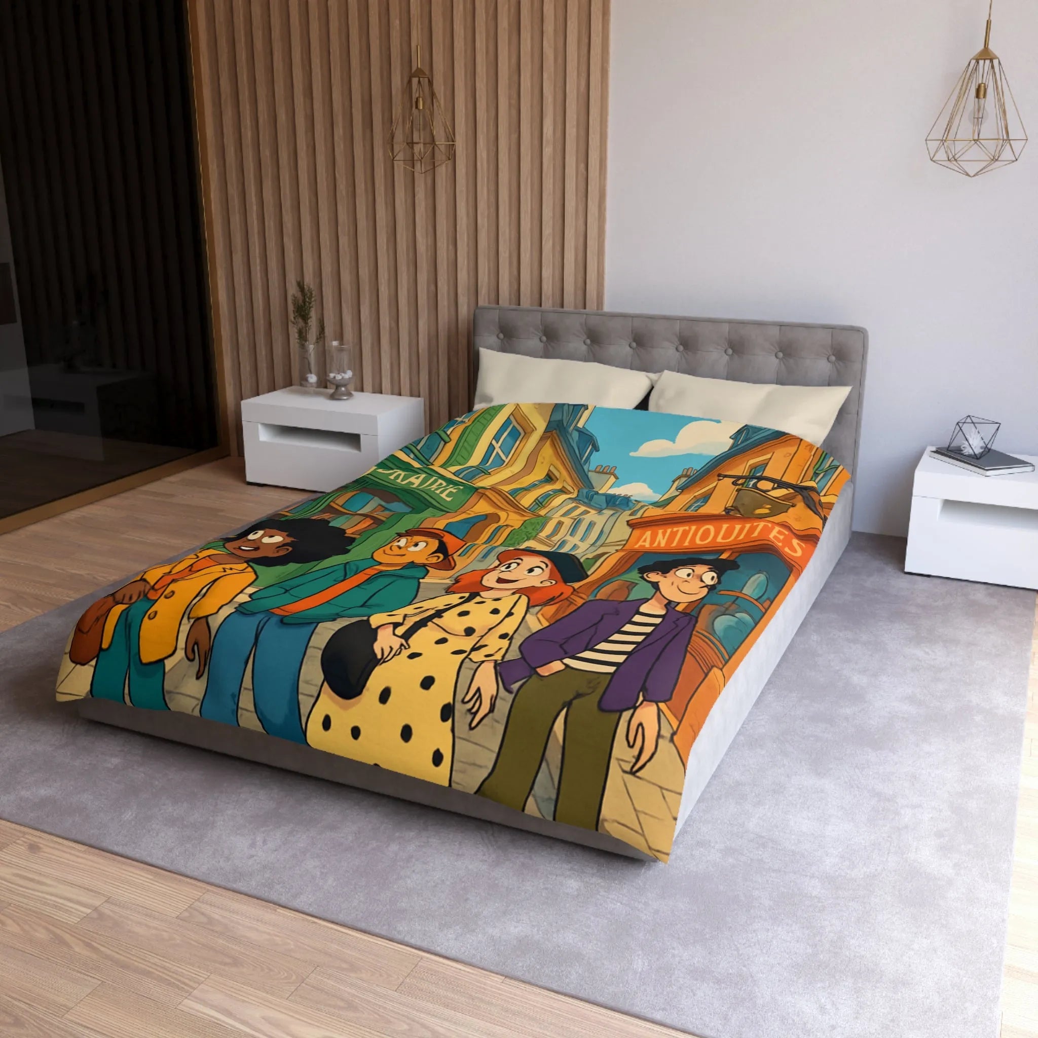 Housse de couette élégante avec design de rue parisienne animée et jeunes explorateurs