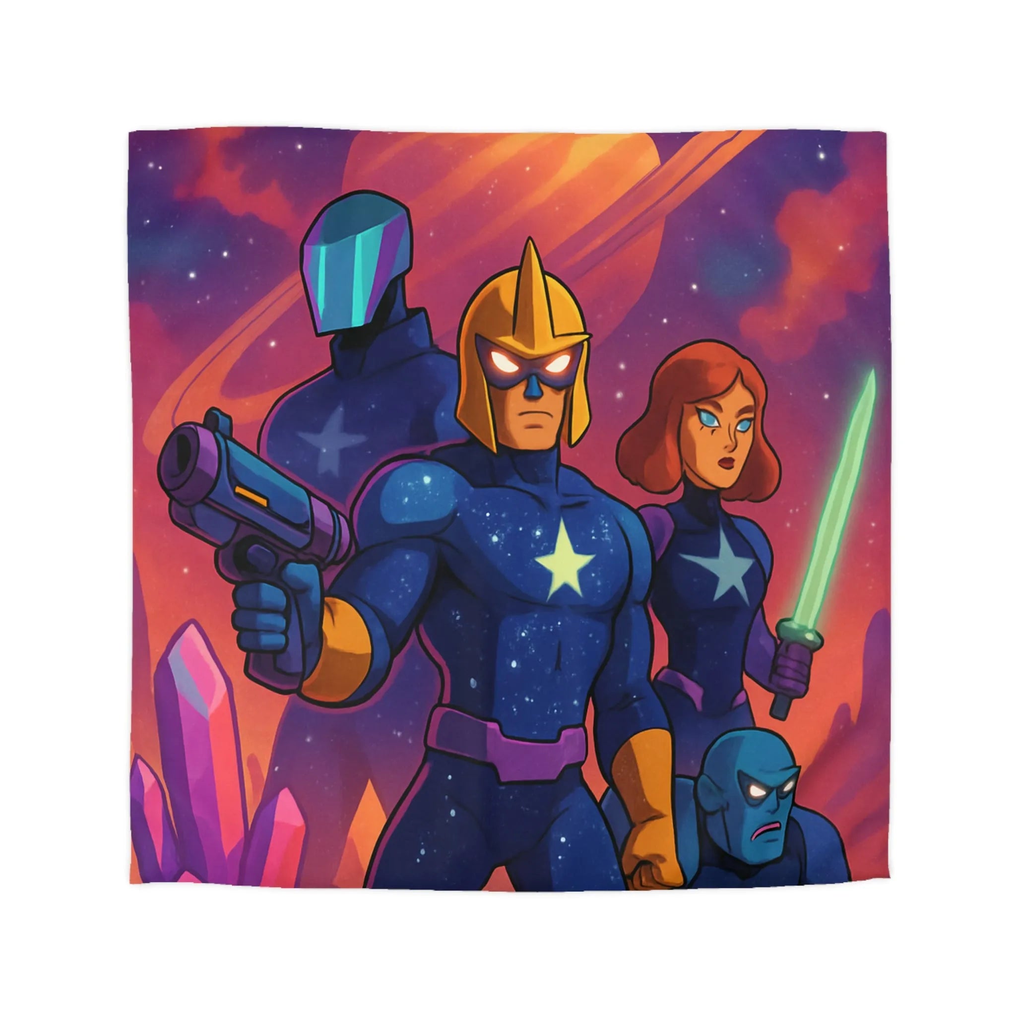 Équipe de héros galactiques armés dans une scène spatiale vibrante avec cristaux