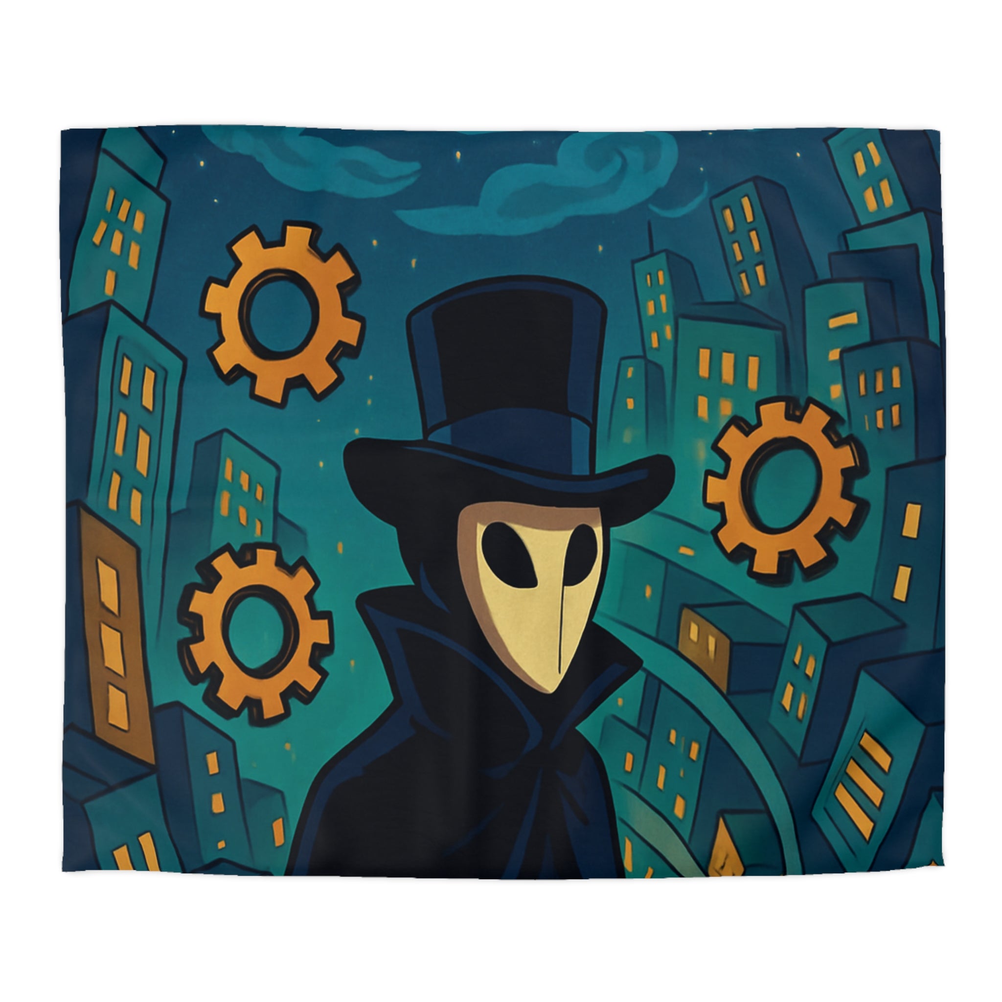 Housse de couette mystérieuse avec personnage masqué, engrenages dorés et ville nocturne