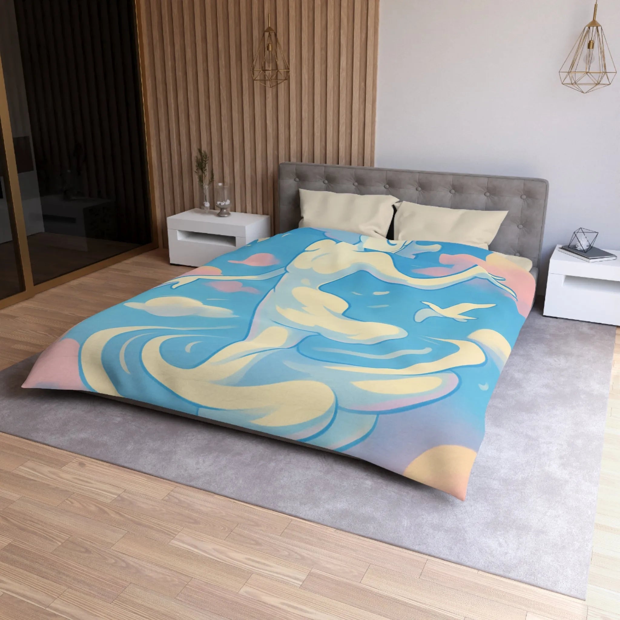 Ciel Enchanté: Housse de Couette Artistique avec Nuages et Oiseaux en Harmonie Paisible