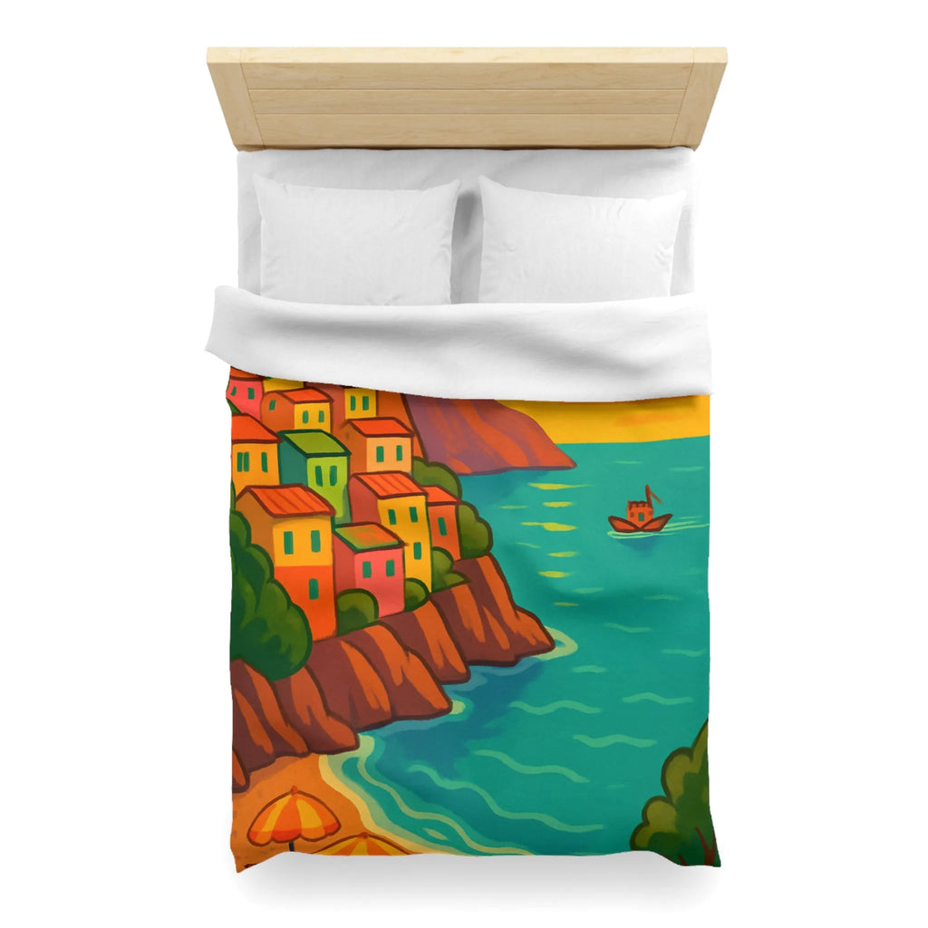 Housse de couette avec paysage côtier éclatant sous coucher de soleil vibrant et artistique