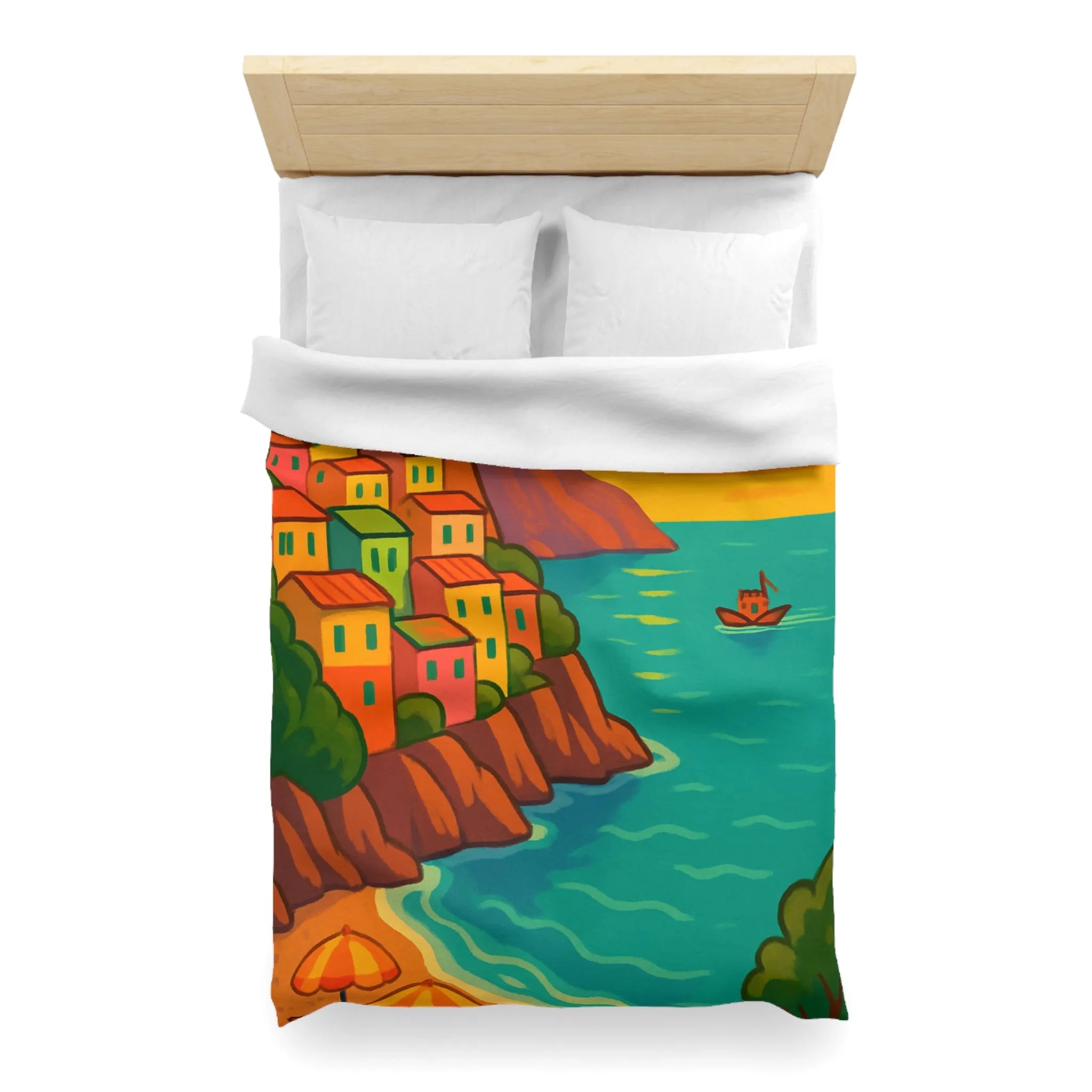 Housse de couette avec paysage côtier éclatant sous coucher de soleil vibrant et artistique