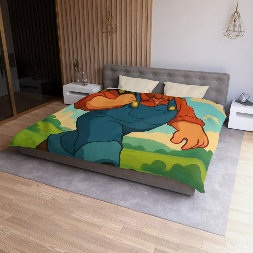 Housse de couette fermier joyeux avec animaux, arc-en-ciel et tracteur, paysage coloré