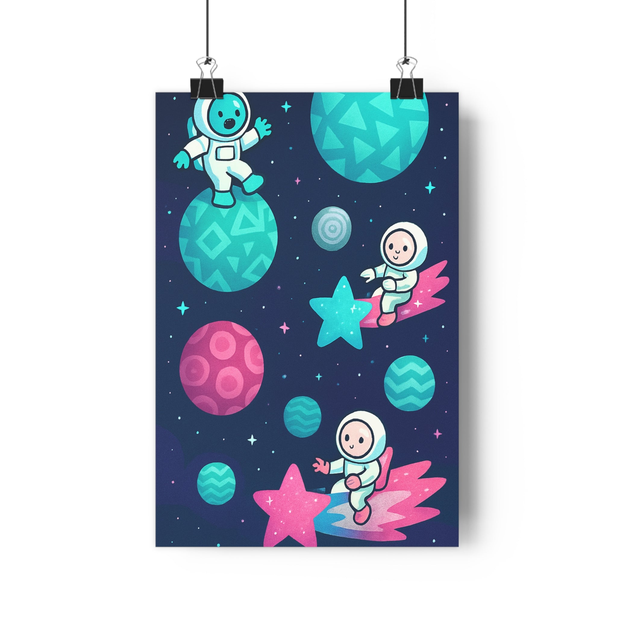 Poster décoratif espace astronaute enfant cartoon bleu rose vert joyeux ludique magique chambre rêve
