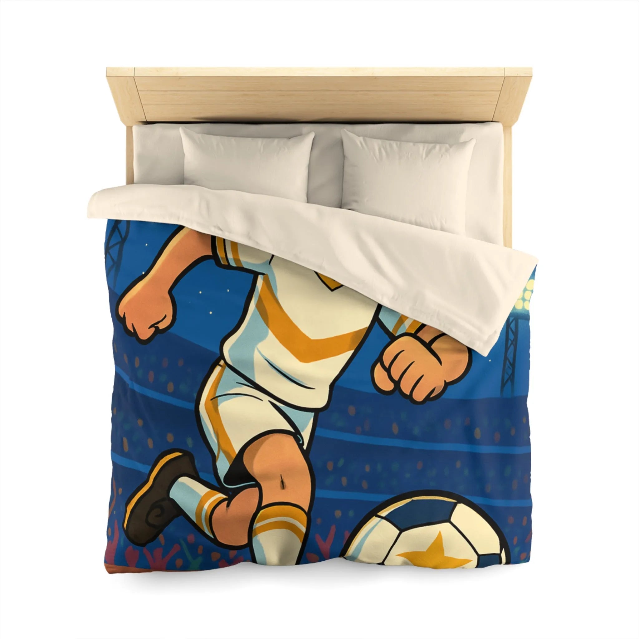 Housse de couette enfant avec joueur de foot stylisé sous ciel étoilé vibrant
