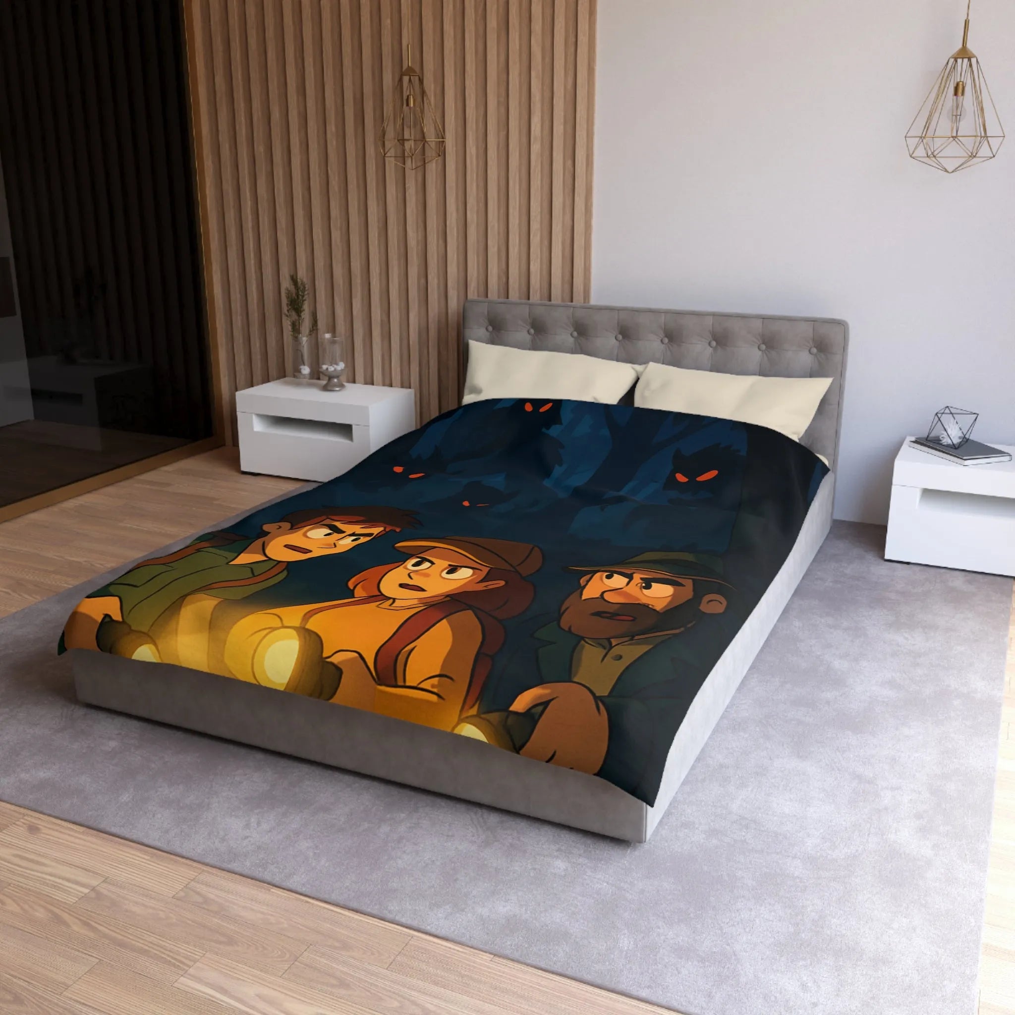 Housse de Couette Forêt Enchantée Nocturne avec Aventuriers et Créatures Mystiques Illustrée