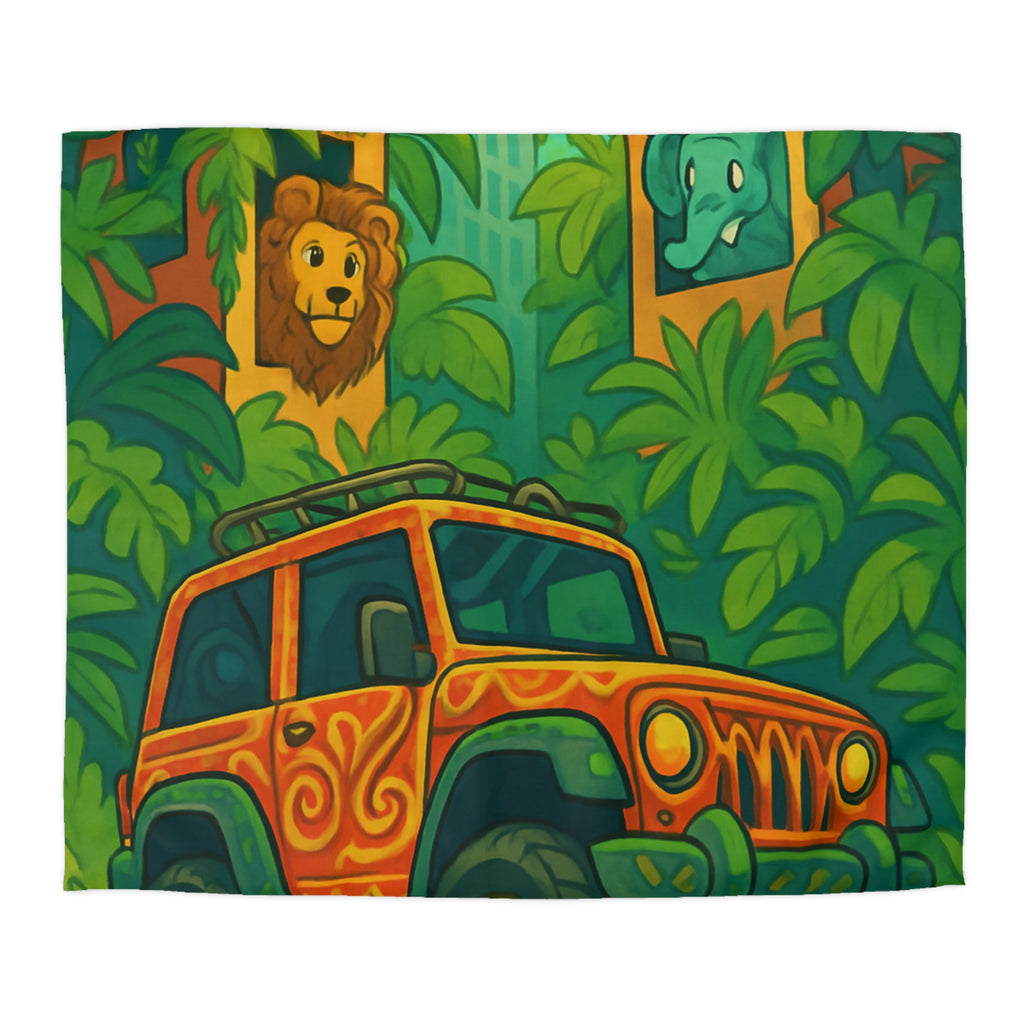 Housse de couette vibrante jungle aventure avec animaux et véhicule tout-terrain colorés