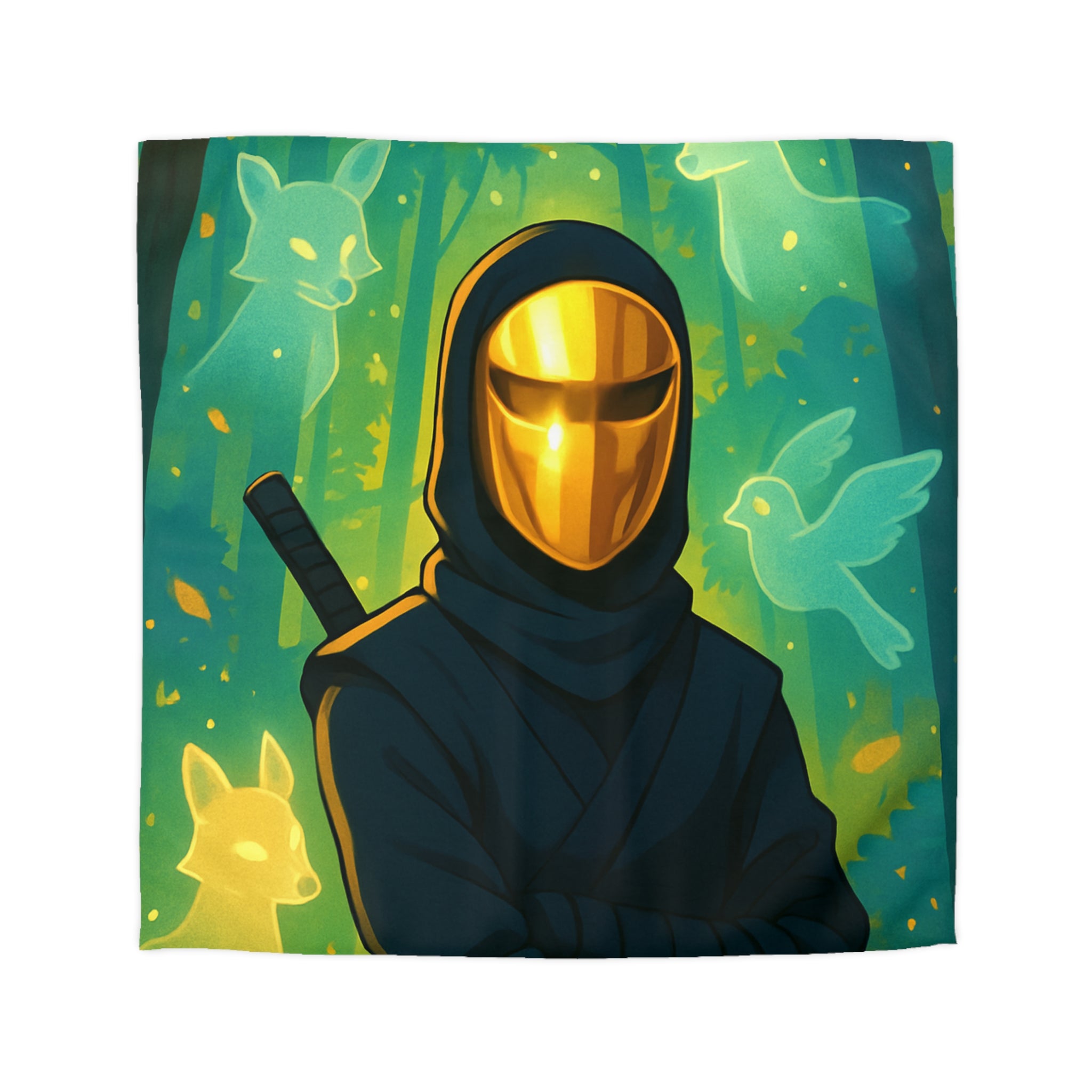 Housse de couette ninja doré avec animaux mystiques et forêts enchantées lumineuses