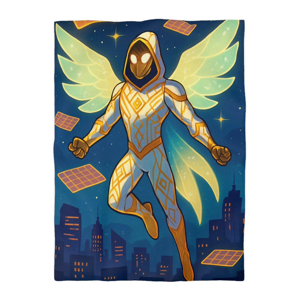 Housse de couette avec héros ailé lumineux sur ciel étoilé et ville futuriste