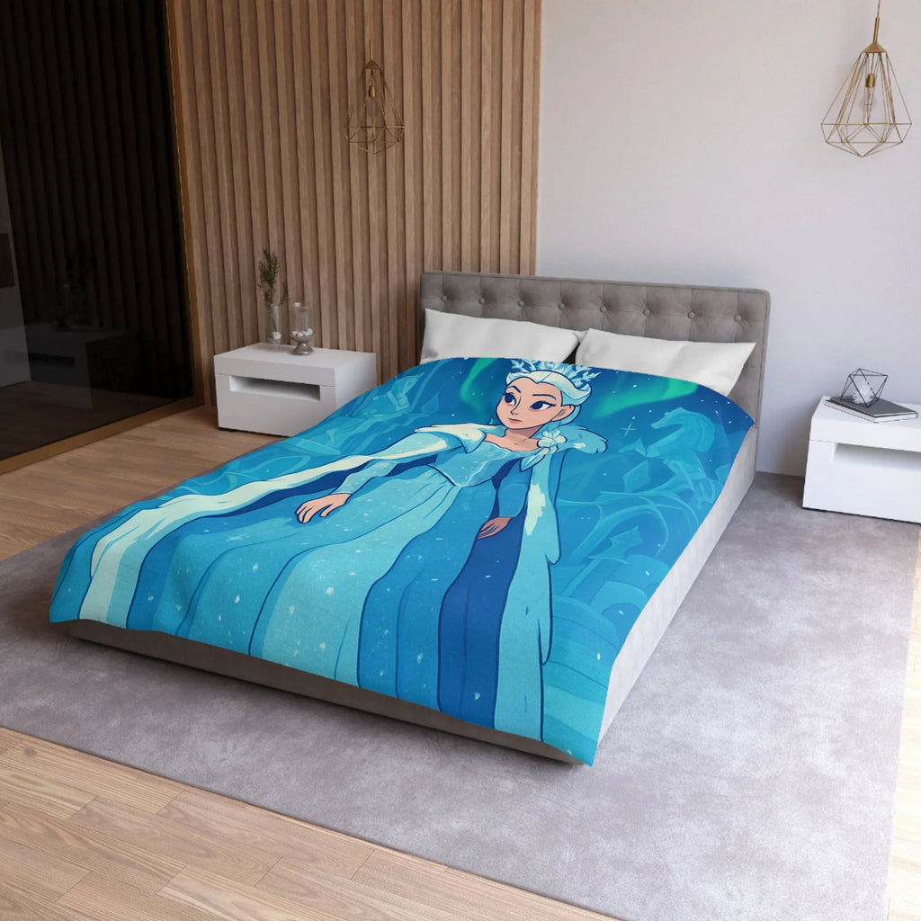 Éblouissante Housse de Couette Reine des Glaces Bleue avec Aurora Boréale et Château