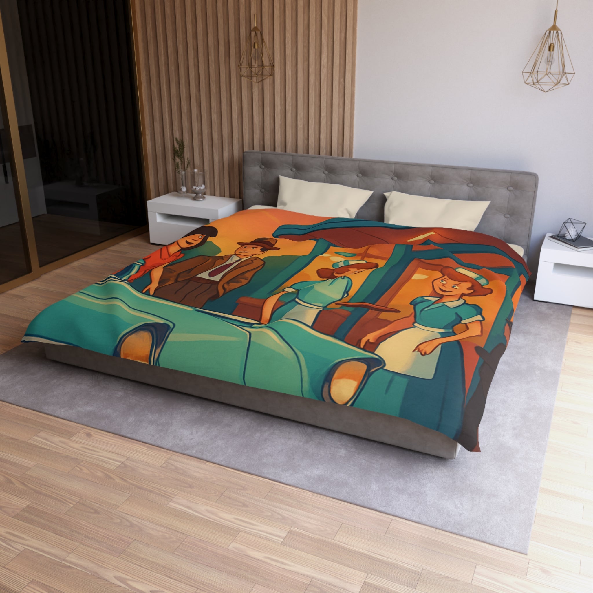 Housse de couette rétro avec illustration de café américain et voiture vintage