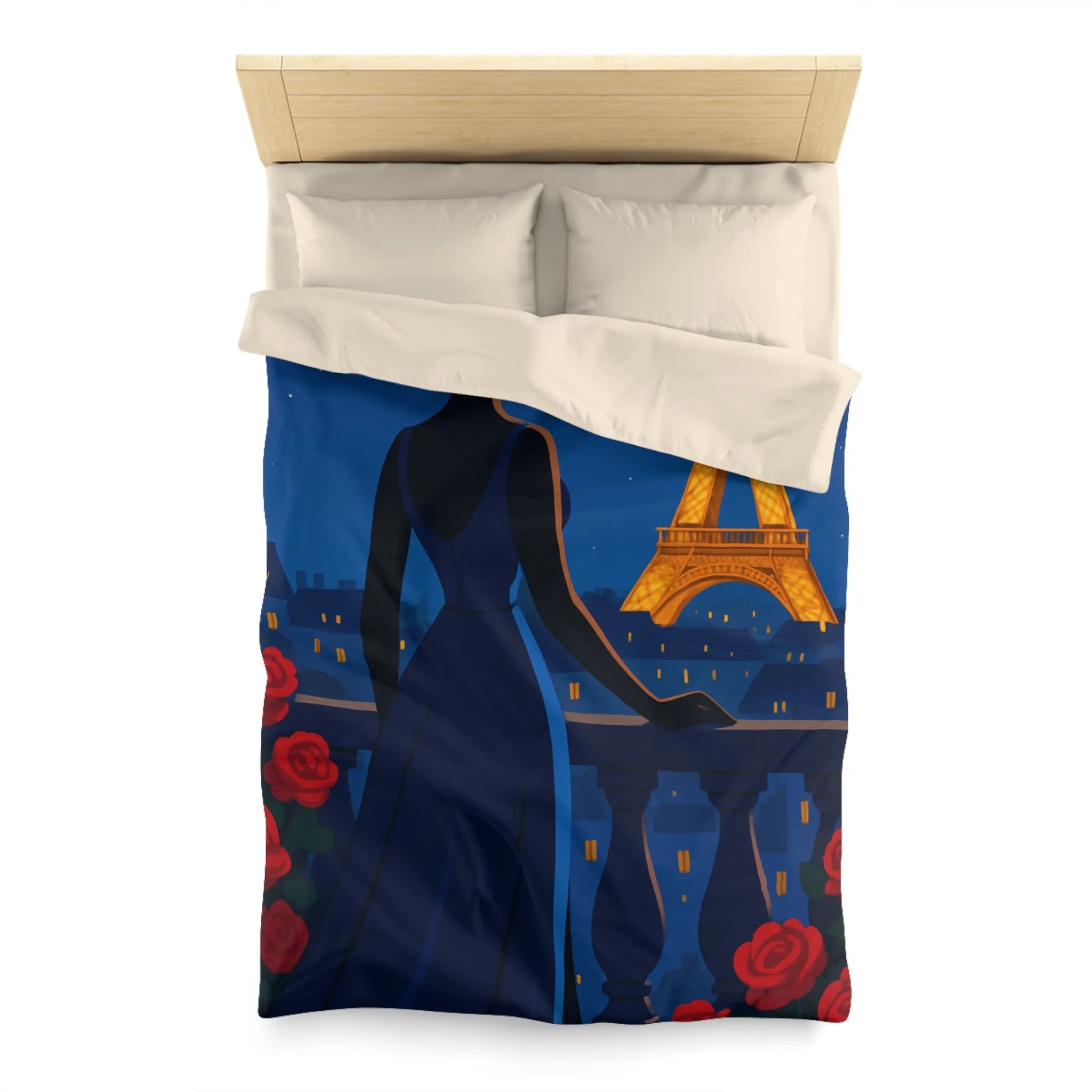 Housse de couette élégante avec vue nocturne sur Paris et roses rouges vibrantes