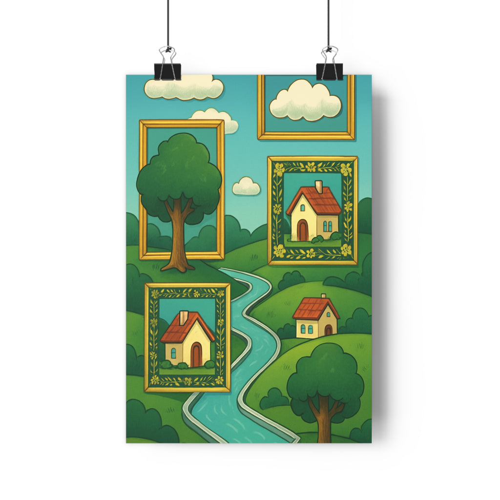 Poster décoratif féerique paysage cartoon vert blanc salon chambre enfant imagination apaisante cadre 30x46