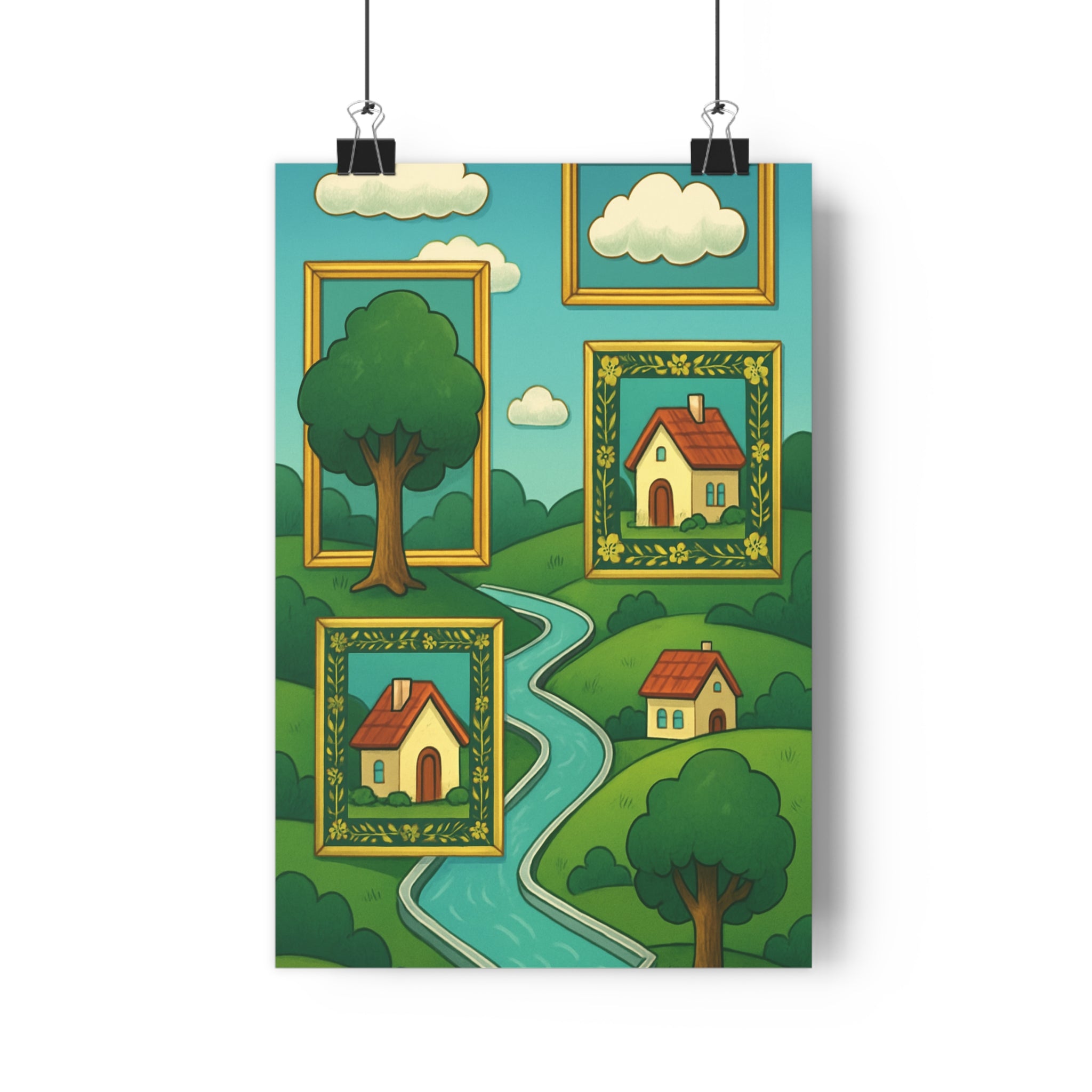 Poster décoratif féerique paysage cartoon vert blanc salon chambre enfant imagination apaisante cadre 30x46