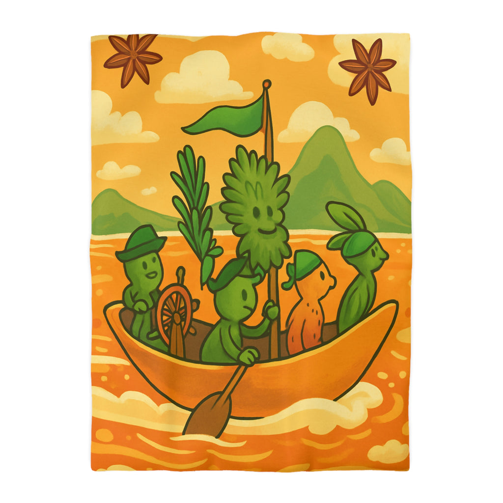 Housse de couette originale avec personnages verts naviguant sur mer orangée ludique