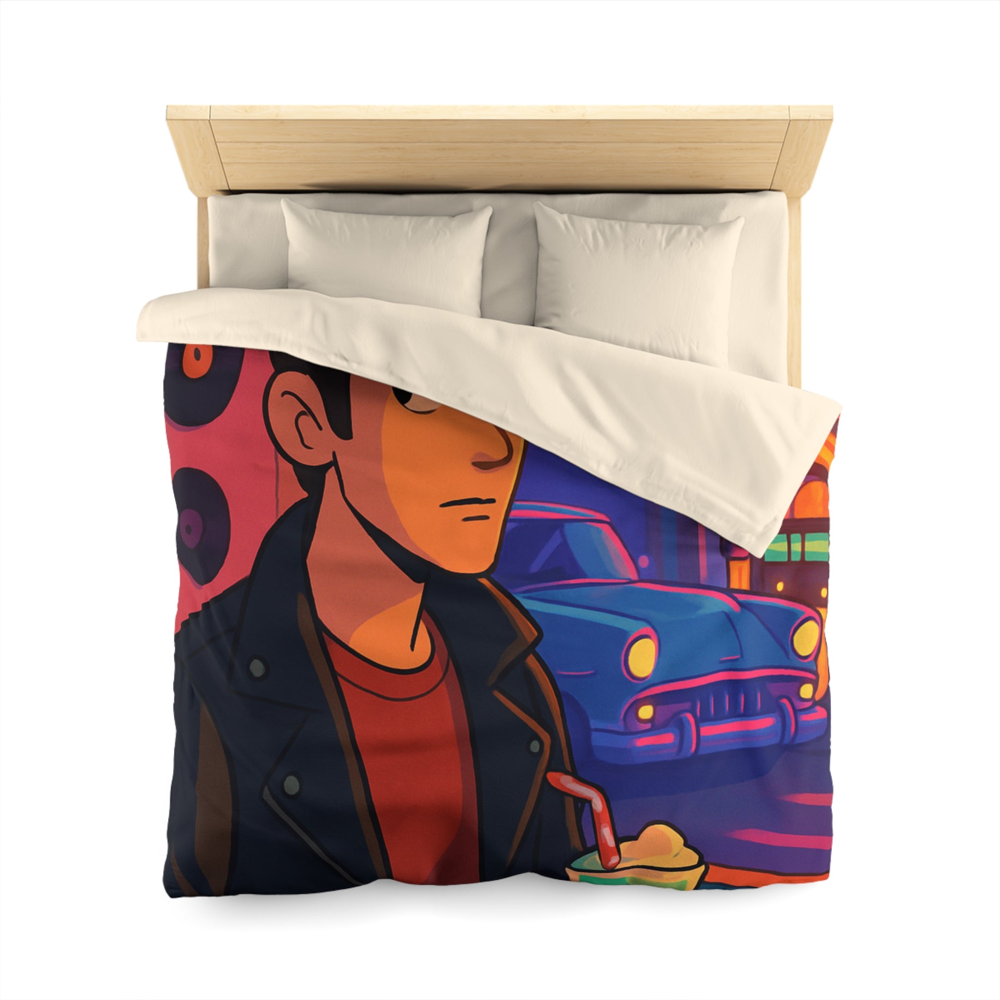 Housse de couette rétro avec voiture vintage et ambiance néon au style coloré