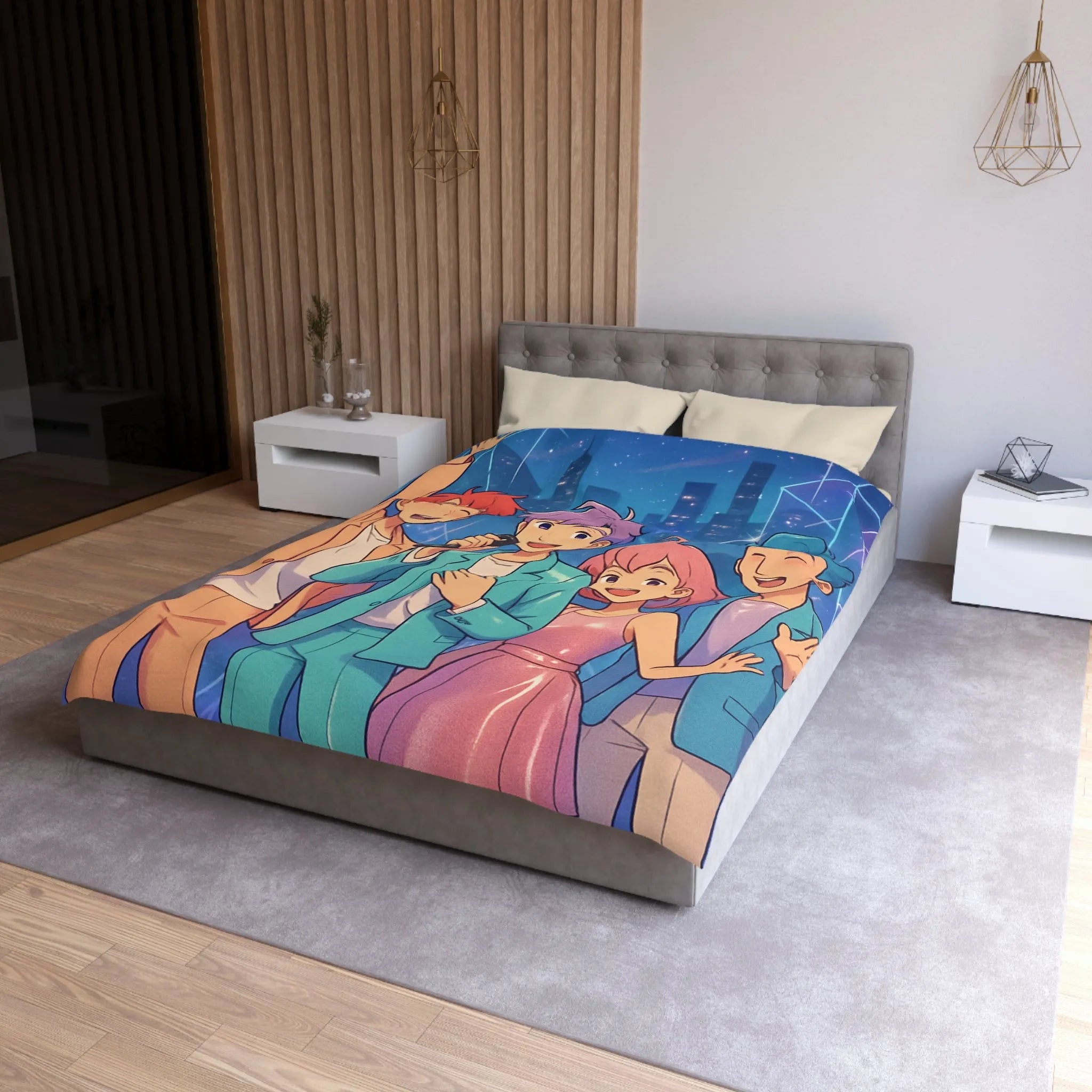 Housse de couette colorée avec personnages joyeux style anime devant une ville étoilée