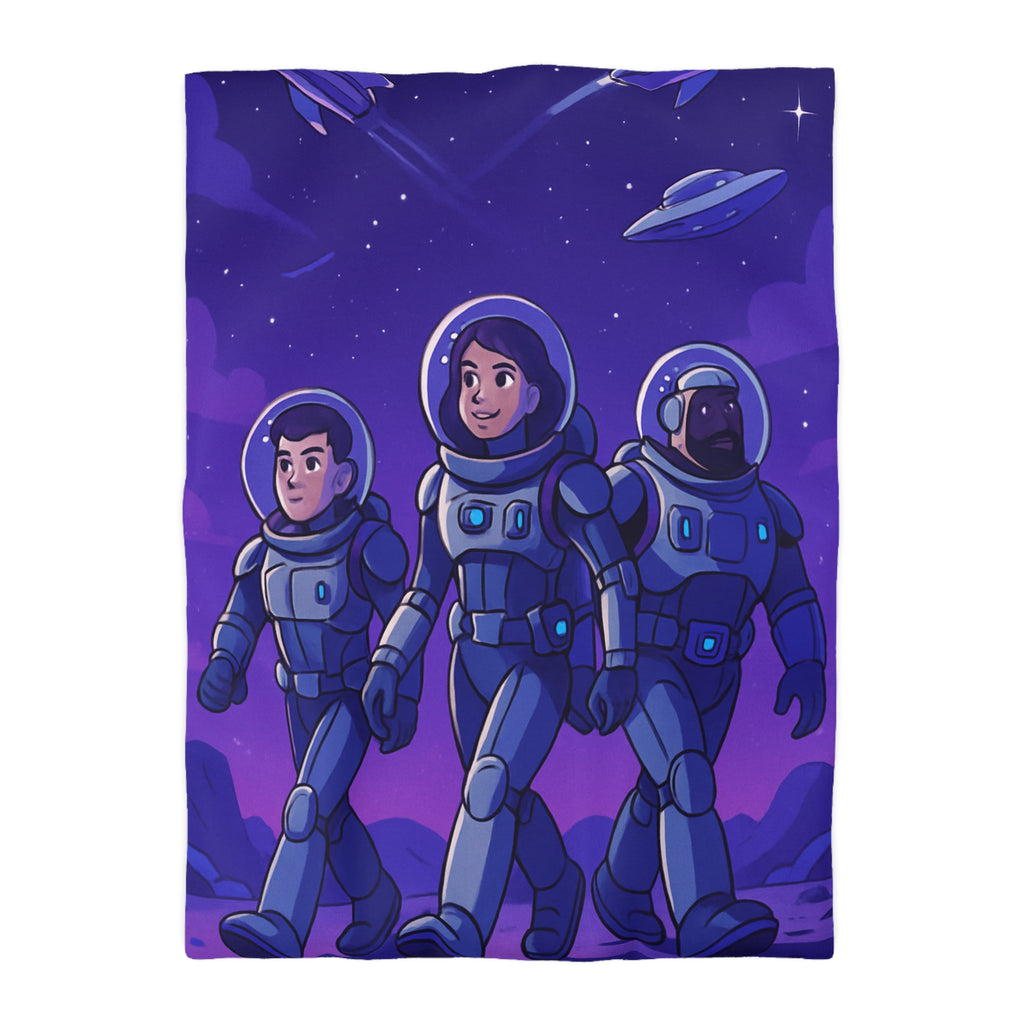 Housse de Couette Spatiale avec Astronautes, Vaisseaux et Étoiles sur Fond Violet