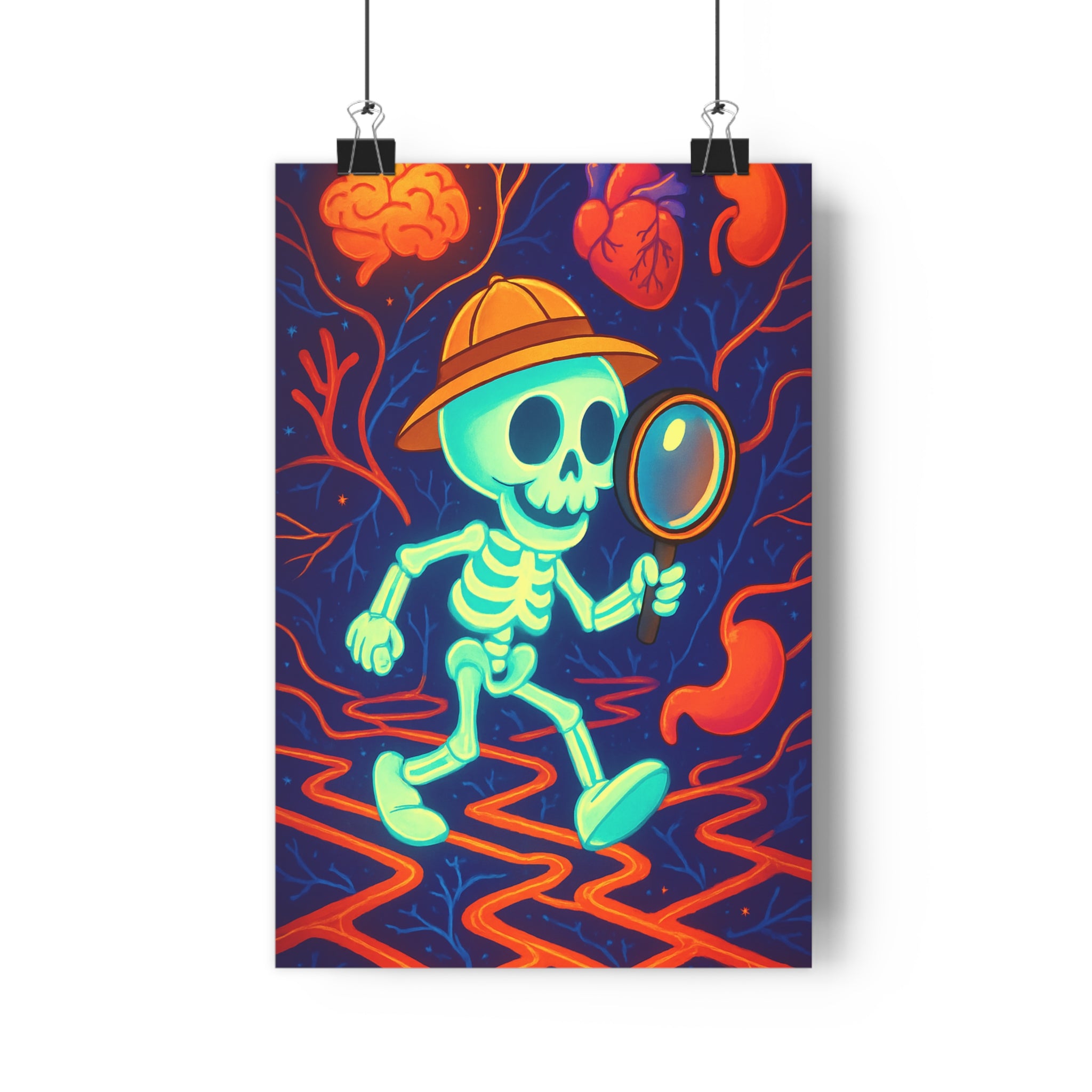 Poster décoratif cartoon explorateur squelette bleu orange ludique éducatif enfant chambre classe 30x46 vibrant