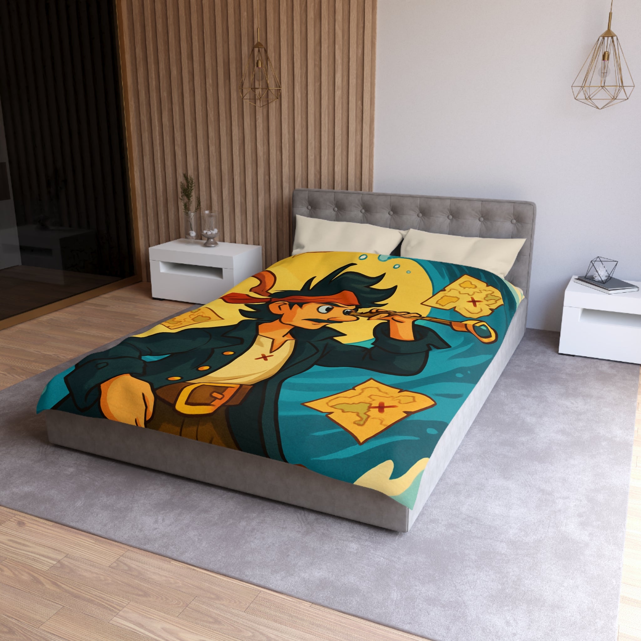 Housse de Couette Pirate pour Chambre Adulte avec Carte Trésor et Vagues Océaniques