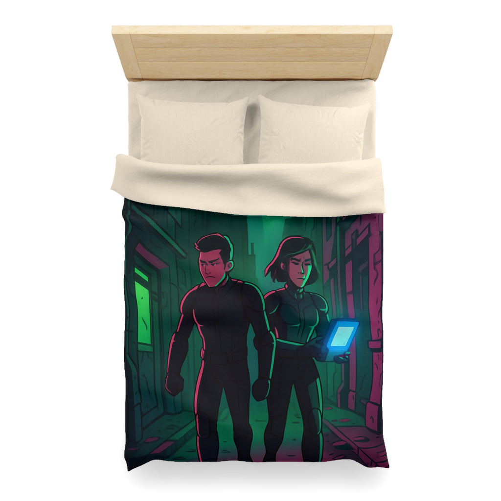 Housse de couette motif espionnage futuriste avec drones dans une ruelle mystérieuse