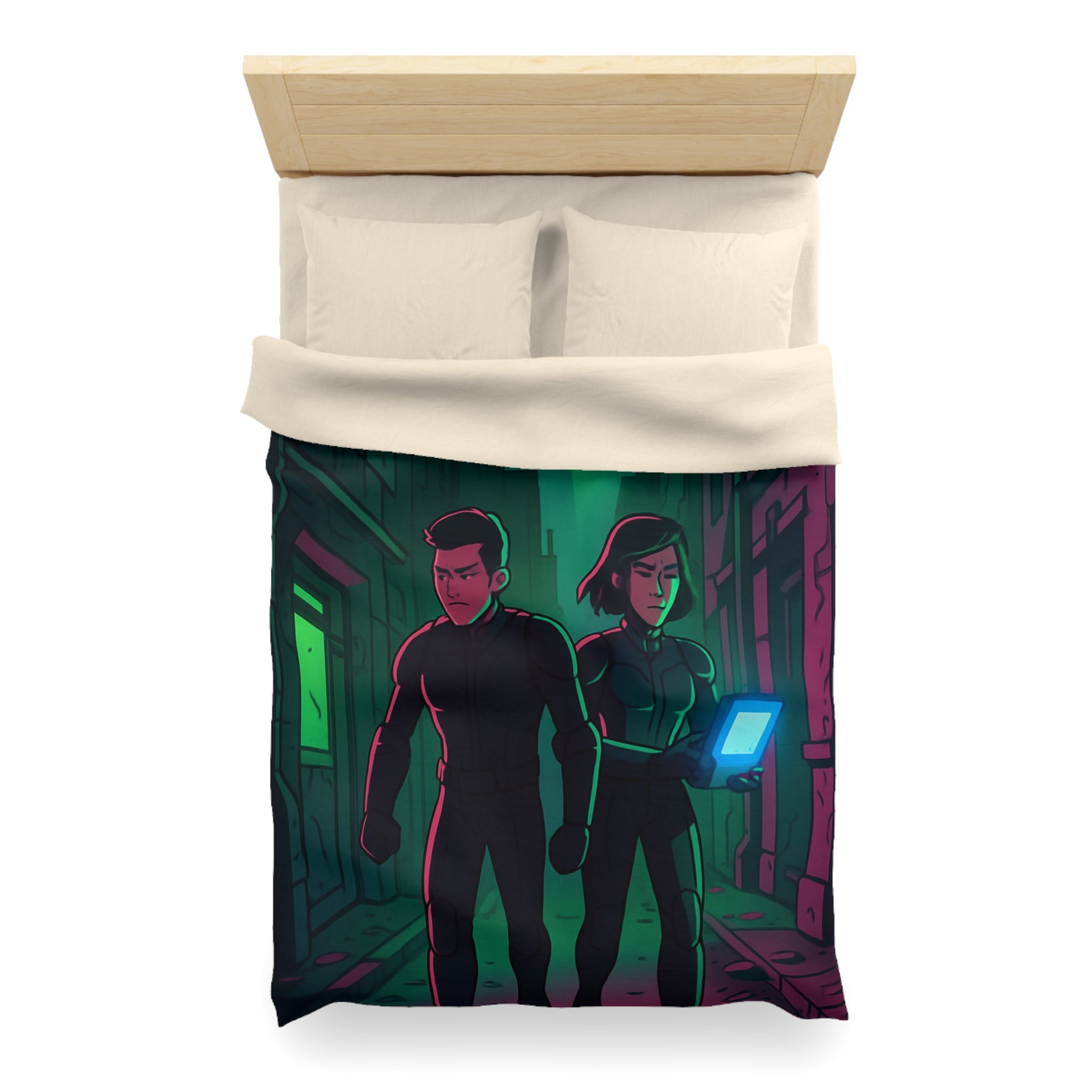 Housse de couette motif espionnage futuriste avec drones dans une ruelle mystérieuse