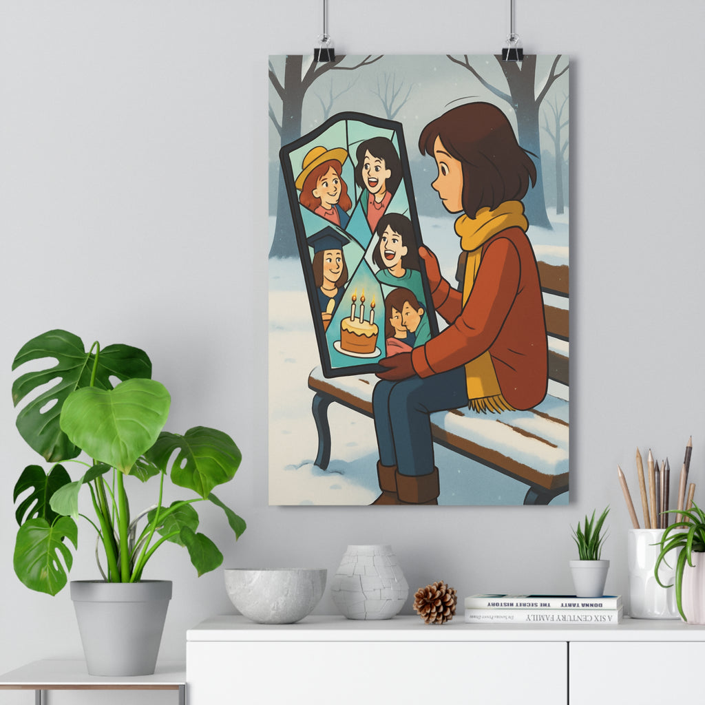 Poster décoratif surréaliste nostalgique doux animé banc neige souvenirs cadre salon rêveur unique qualité